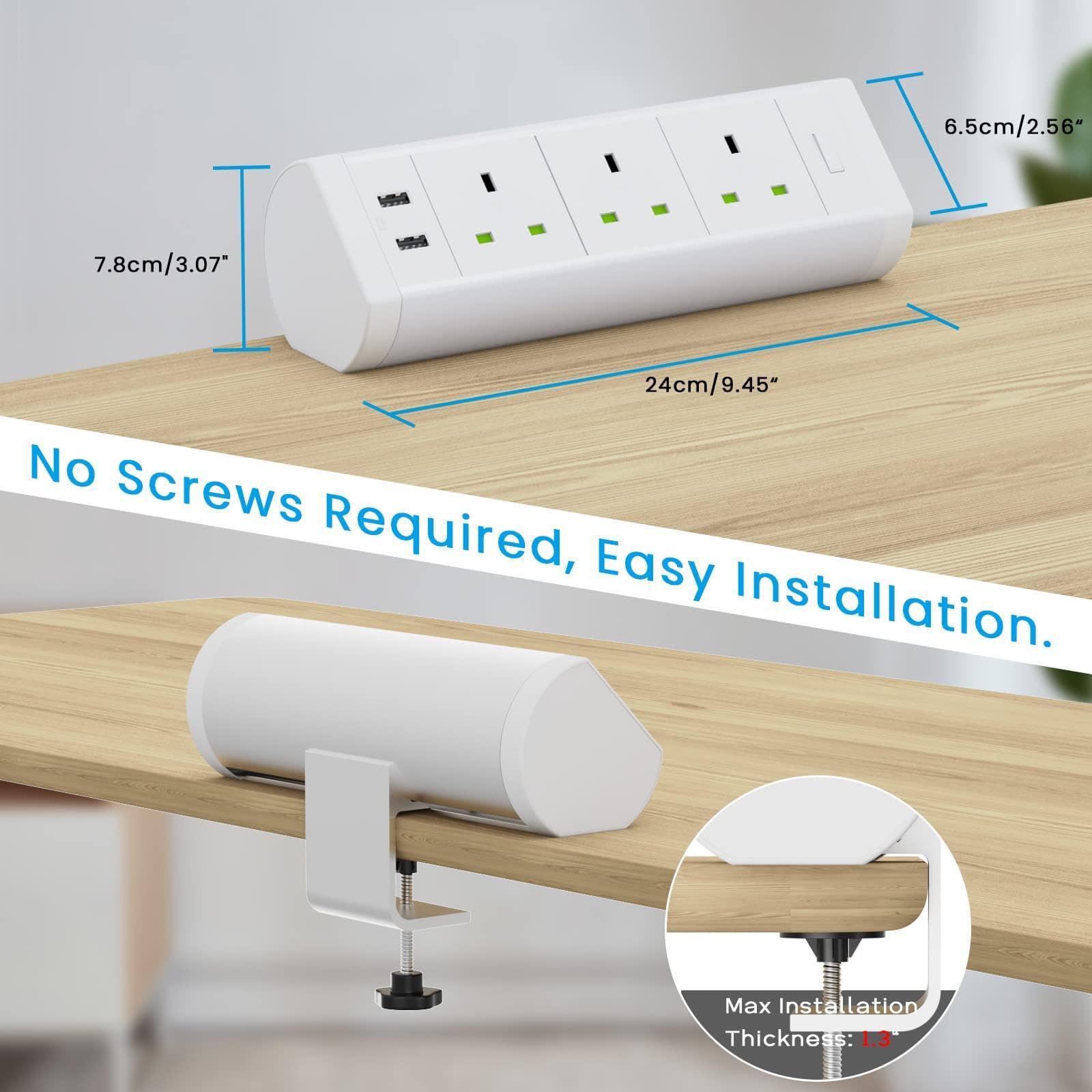 Presa di Alimentazione da scrivania, Presa Multipla in Alluminio con 2 Slot USB, prolunga da scrivania con Interruttore di Controllo, Supporto a Morsetto
