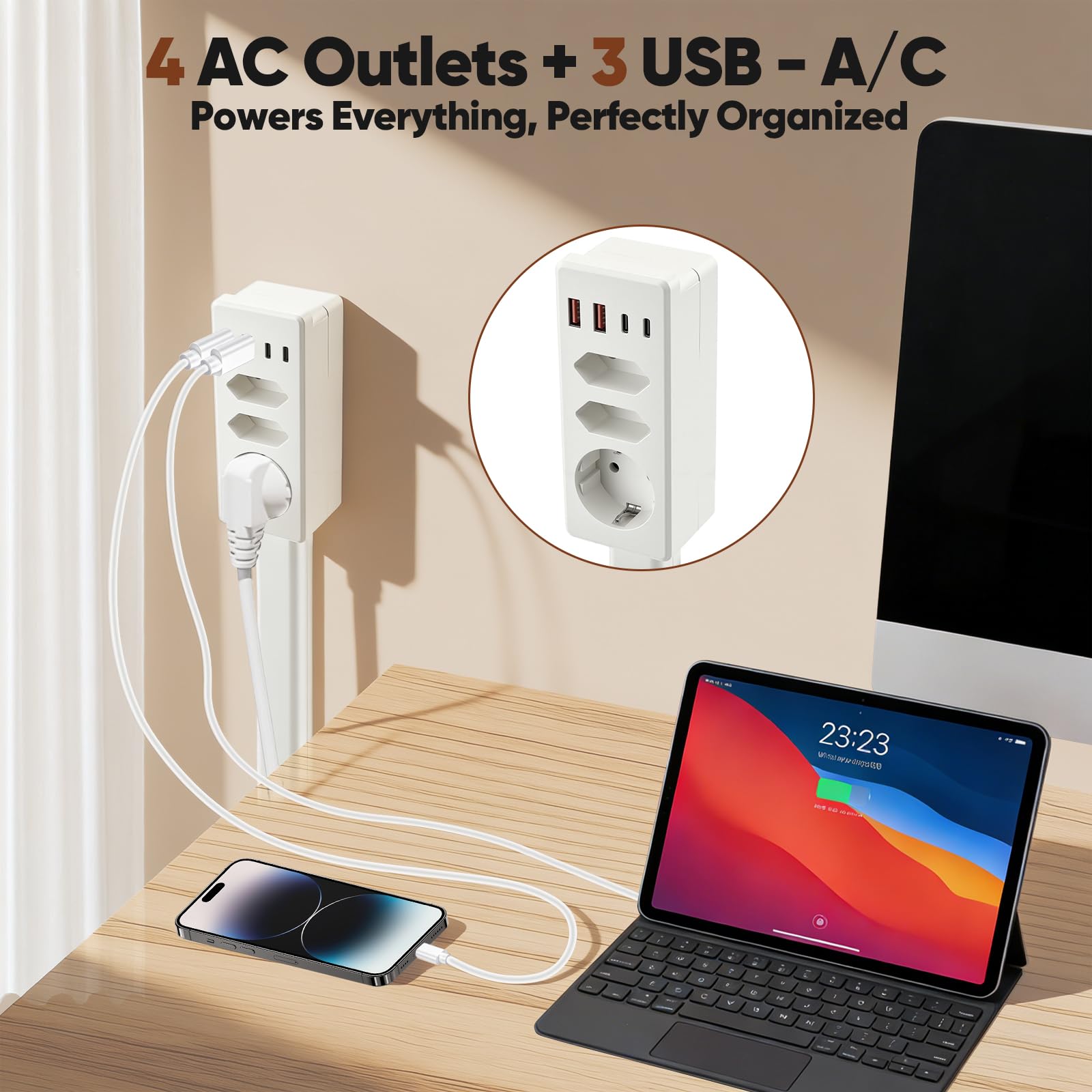 Regleta Extensible Pared de 47-67 cm, Enchufe Alargador Extensible y Giratorio 360°, Regleta Múltiple con 3 Tomas AC + 2 USB-A + 2 USB-C, para Cocina, Escritorio, Viajes, Camping