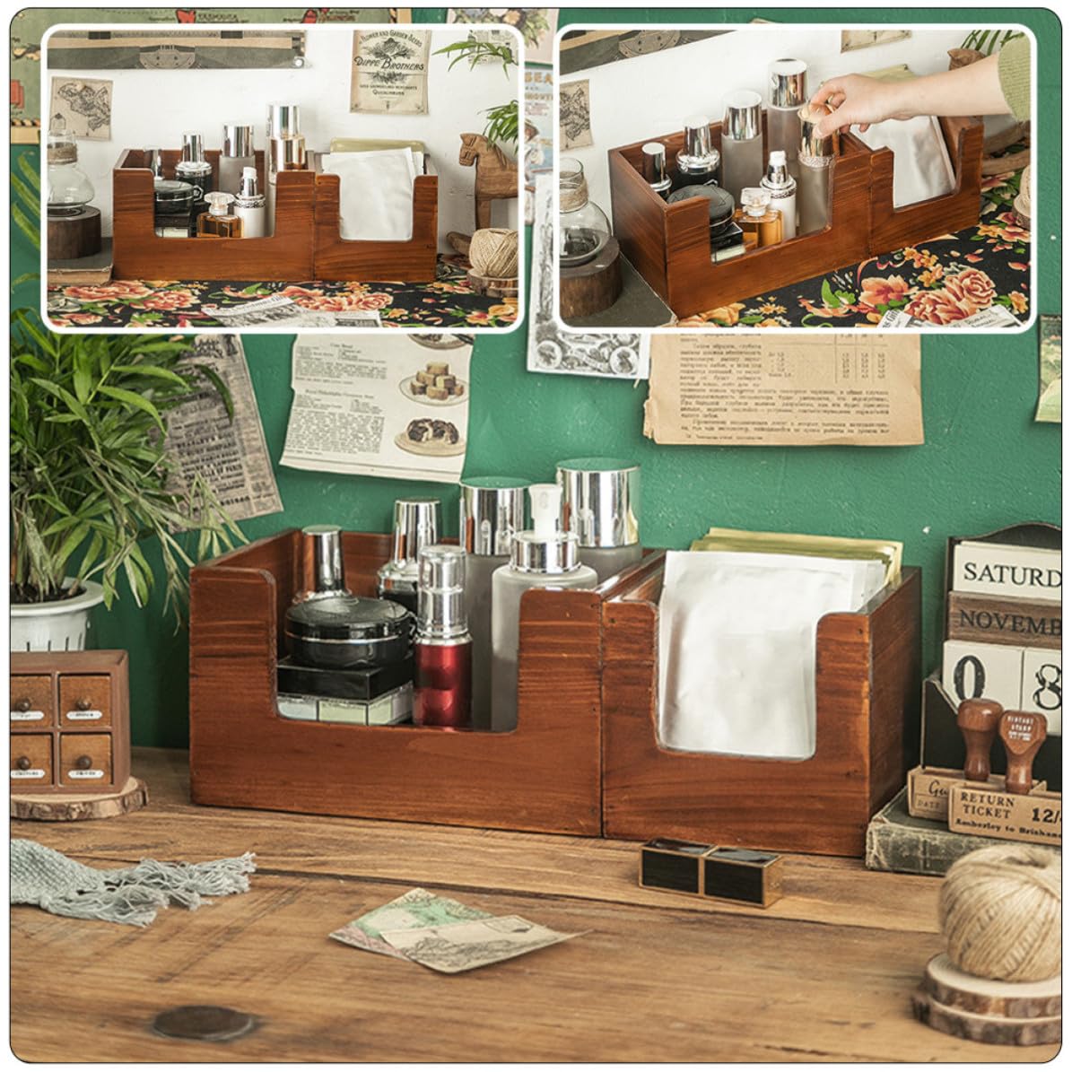 Alasum Juego de 2 Cajas Organizadoras de Maquillaje de Madera Color Café, Almacenamiento Ecológico y Compacto para Cosméticos en Escritorio y Hogar