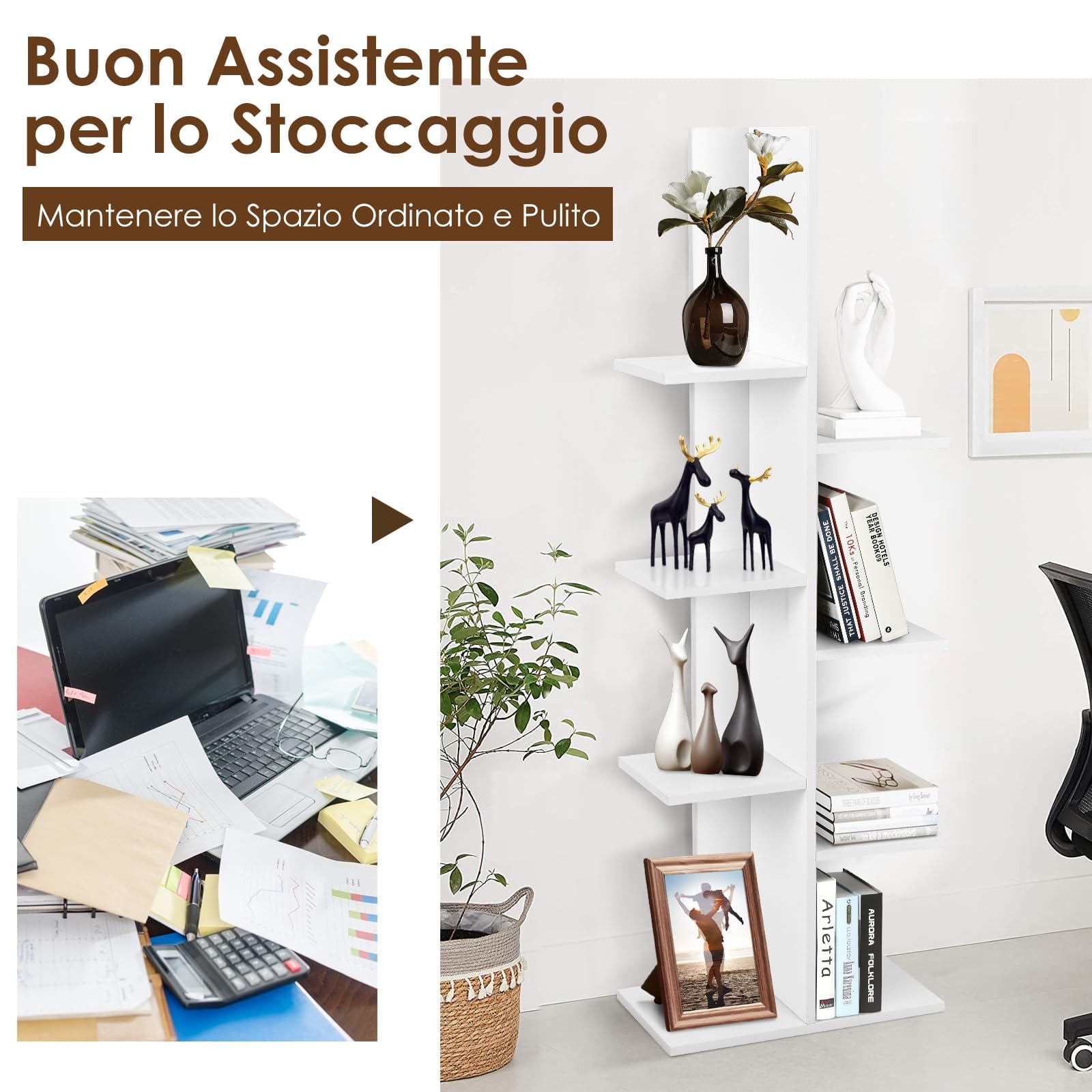 COSTWAY Scaffale in Legno per Libri, 6 Livelli, Libreria da Terra multiuso per Soggirno Ufficio Balcone, Ideale per per Soggirno Ufficio Balcone, 50 x 20 x 141 cm (Bianco)