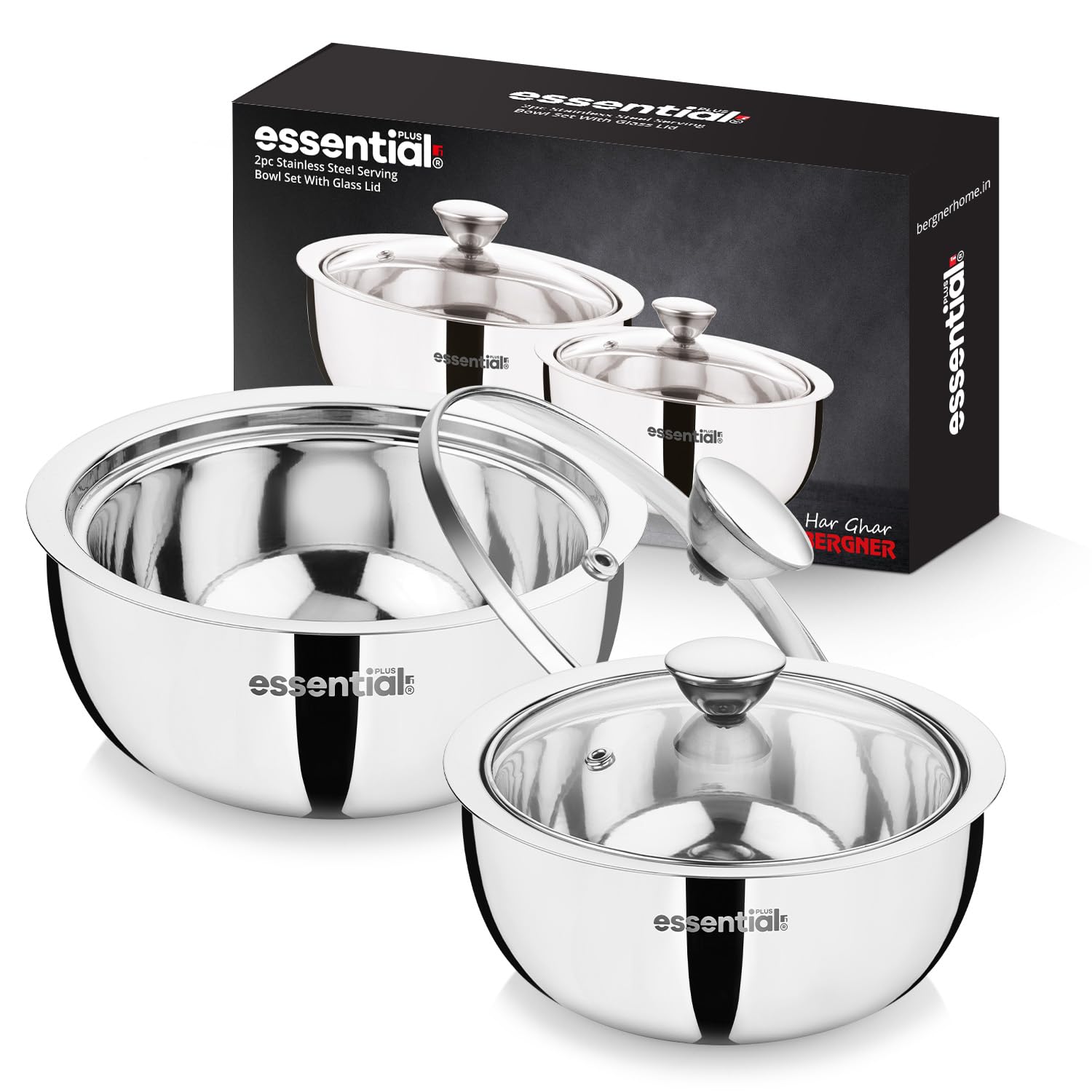 bergner essential plus stainless steel 2 pcs serving bowl set - 1000ml & 500ml double wall serving bowls with glass lid, food grade, non-toxic, easy to clean, hot and cold storage, multi purpose use