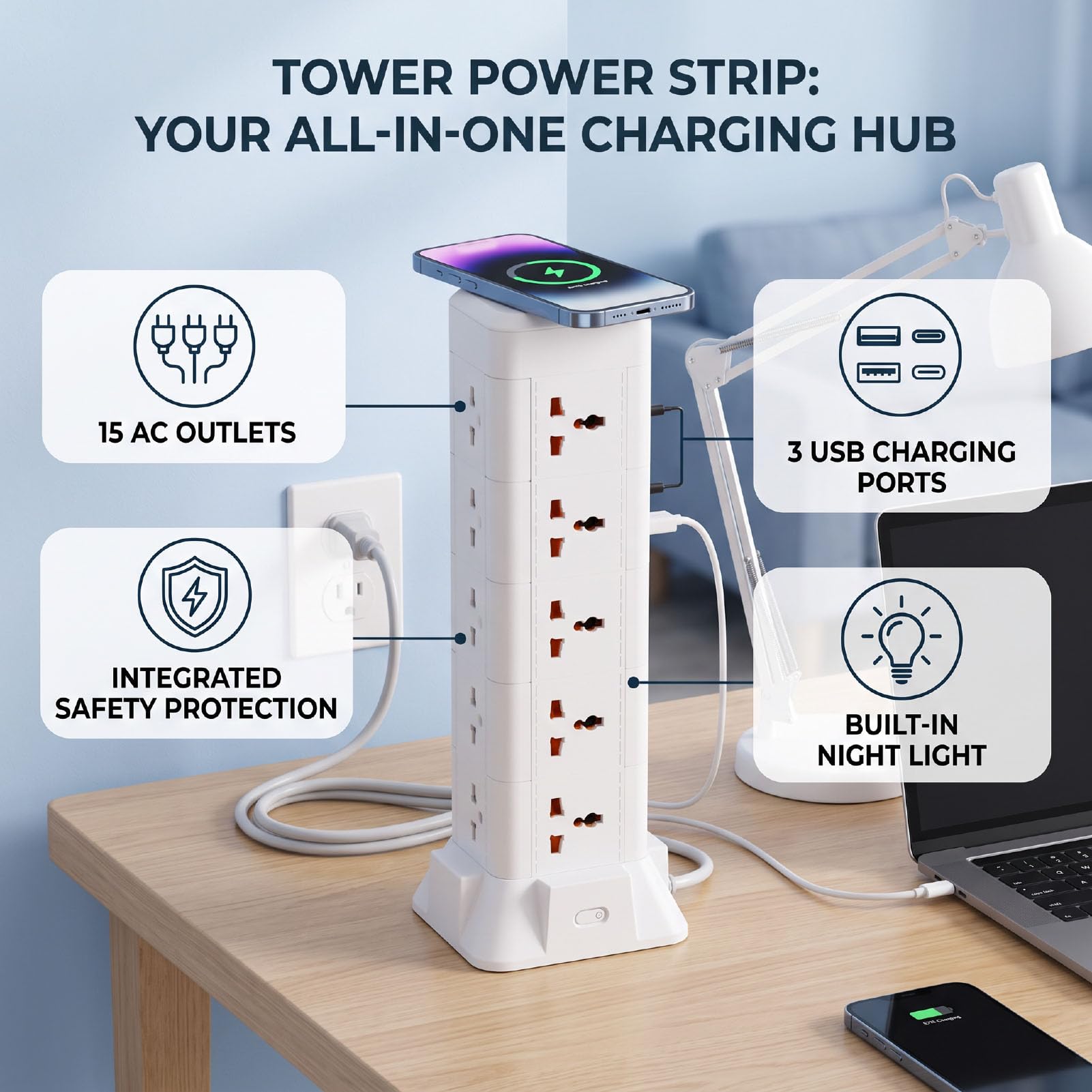 FTVOGUE Steckdosenleiste Turm, Mehrfachsteckdose mit 15 AC Steckdosen, 3