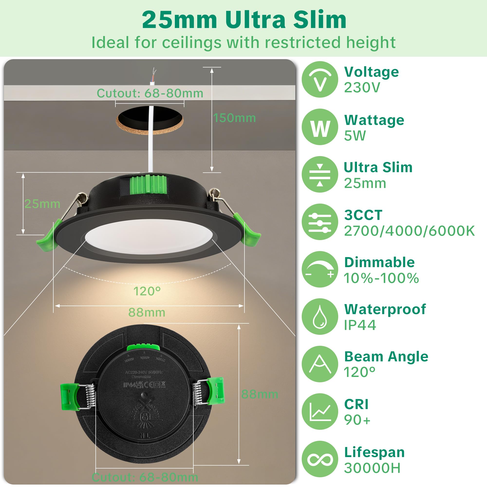 Downlight LED Techo Empotrable Extraplano Regulable 230V, 5W 650LM Focos LED Empotrables Techo Blanco Cálido Blanco Neutro Blanca Frío, IP44 Ojos de Buey, Corte 68-80mm, Negro 10 Pack