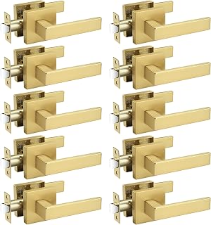 Probrico 10 Pack Heavy Duty Gold Passage Door Handle,Square Satin Brass Door Lever for Hallway and Closet, Keyless Reversible No-Locking Interior Door Knobs Both Fit Right & Left Handed Side
