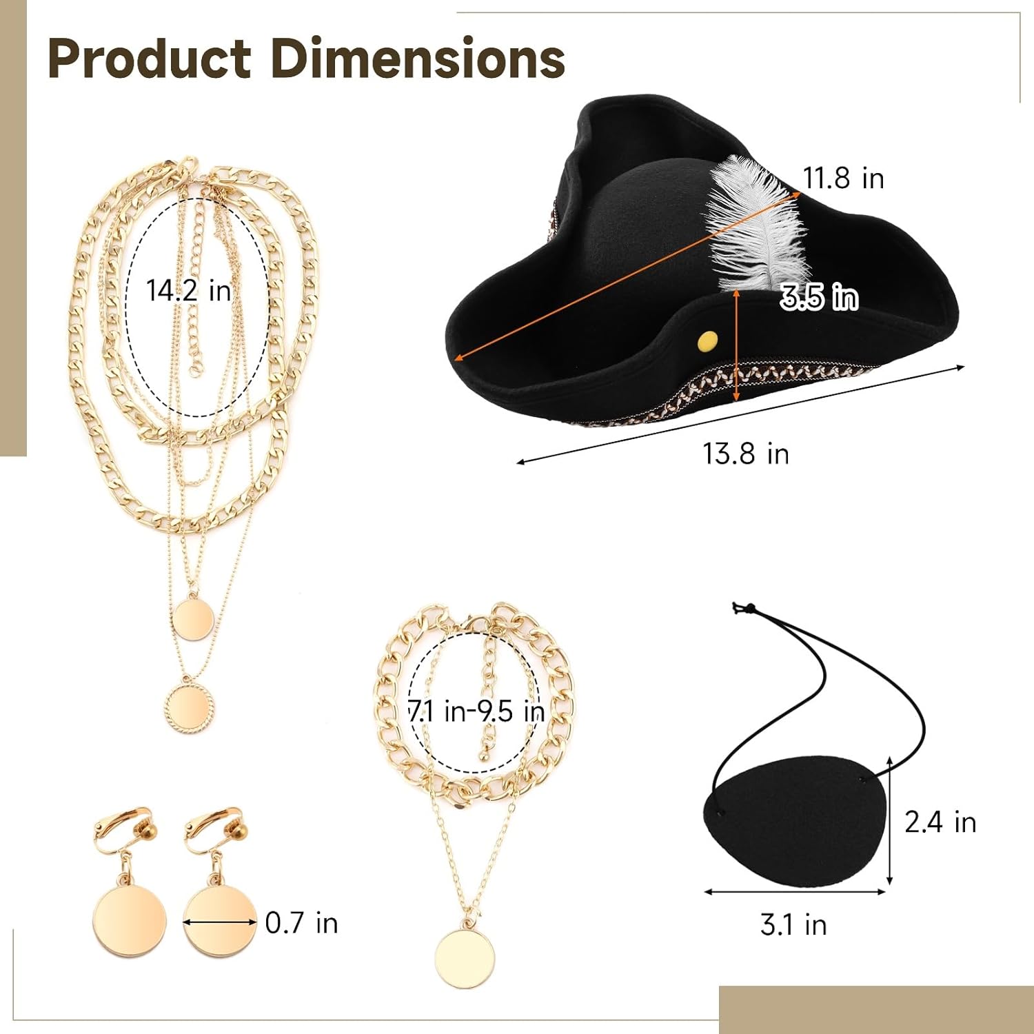 5 PCS Renaissance Pirate Costume Accessories Set, Women’s Tricorn Hat with Feather, Eye Patch, Layered Necklace, Bracelet, Earrings, Pirate Jewelry Set for Halloween, Cosplay, Themed Party, Carnival
