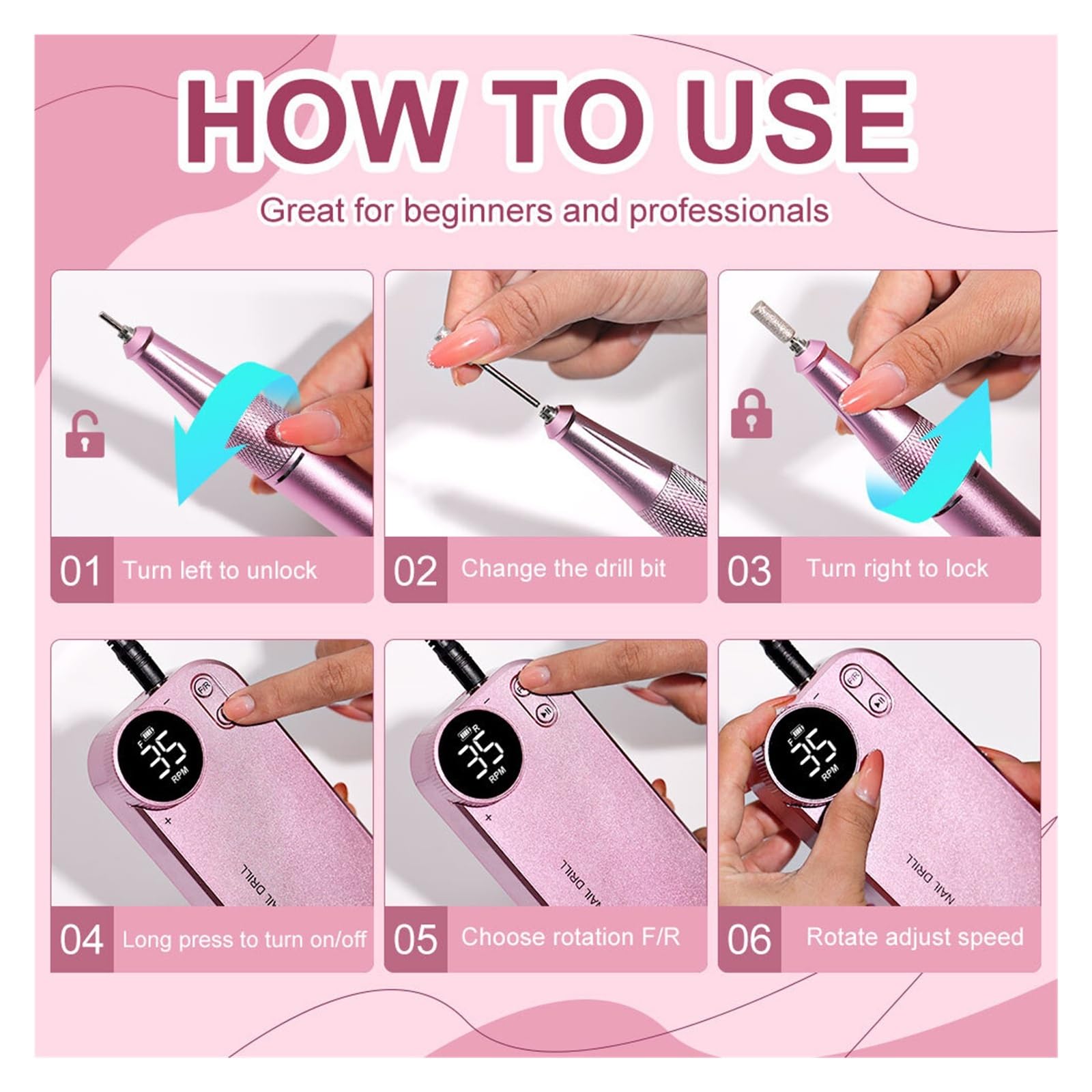 Nagelfräser, Kabelloser Nagelbohrer, tragbare Nagelpolierermaschine mit 35.000 U/min und Akku, geringe Vibration, Geräuschentwicklung