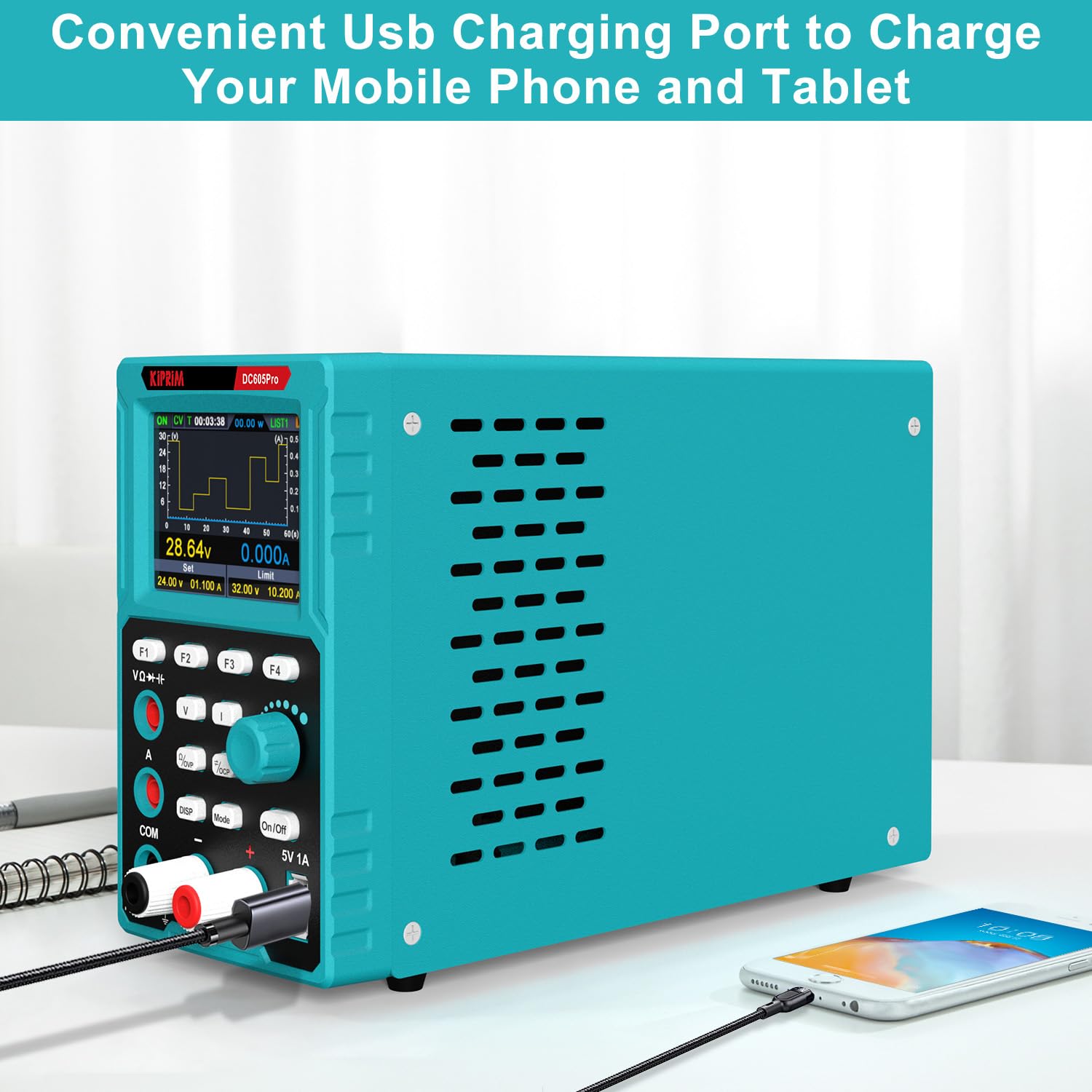 Kiprim 2-in-1 Programmierbares Labornetzgerät und Multimeter (0–60 V, 0–5 A) DC605Pro Labornetzteil mit Datenspeicher, hoher Präzision, OCP, OVP, PC-Software und USB-Aufladung