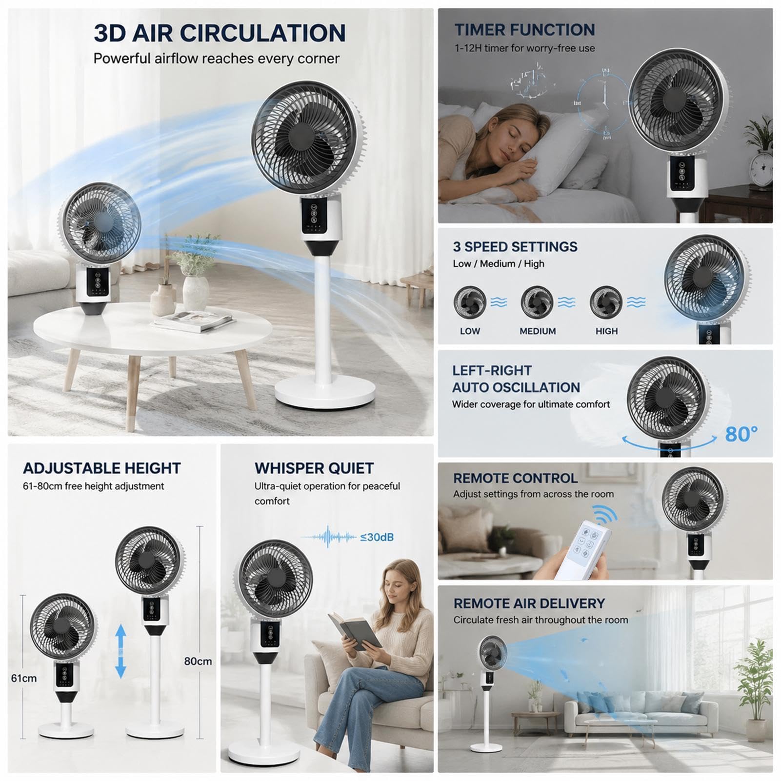 Ventilatore A Piantana Con Telecomando telecomando, timer, 3 velocità e | ventilatore a piantana silenzioso per casa, ufficio, camera da , soggiorno, appartamento