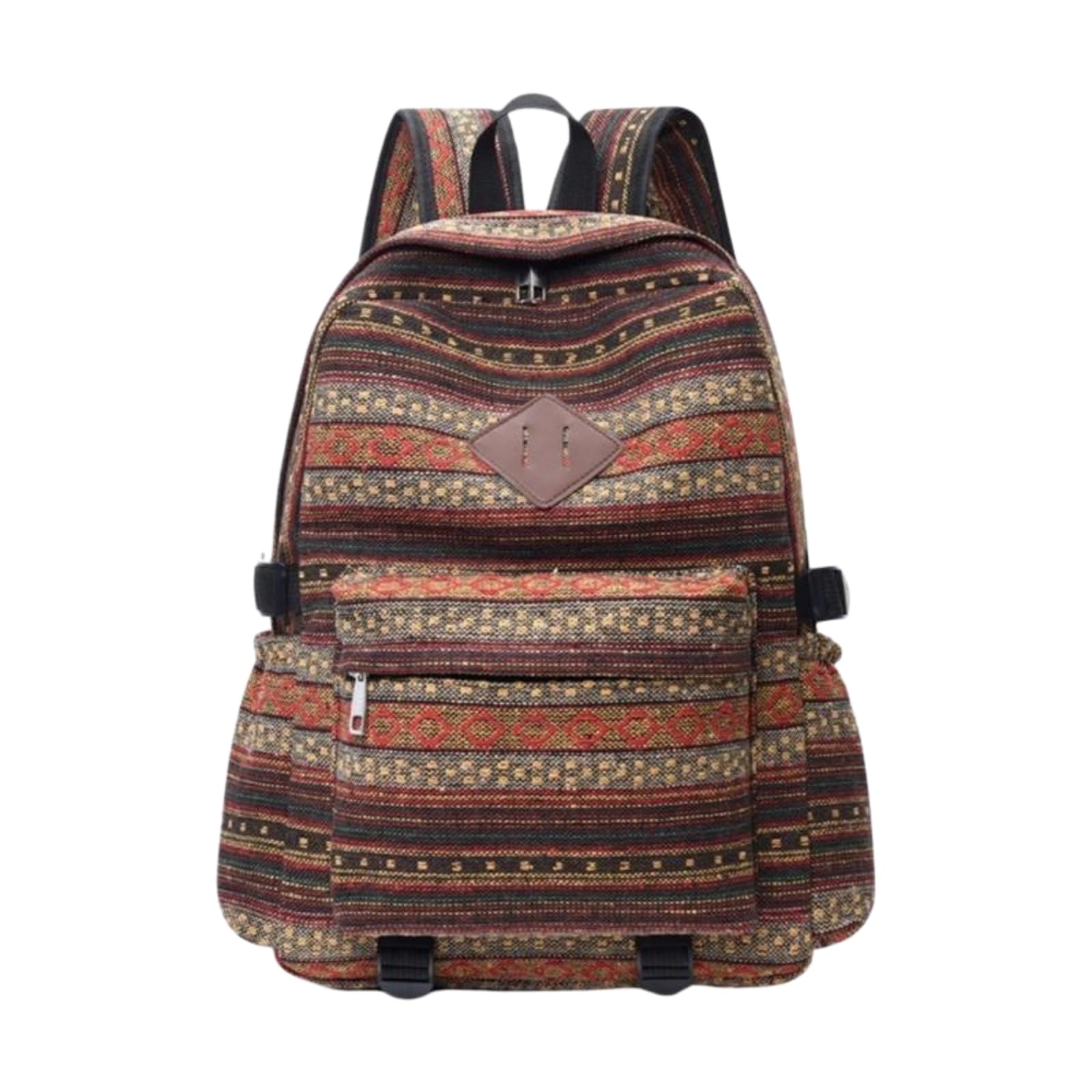 Zaino da Viaggio Etnico Tessuto in Pelle Patch Tasca Anteriore Regolabile Cinturine Fibbia Laterale-Khaki