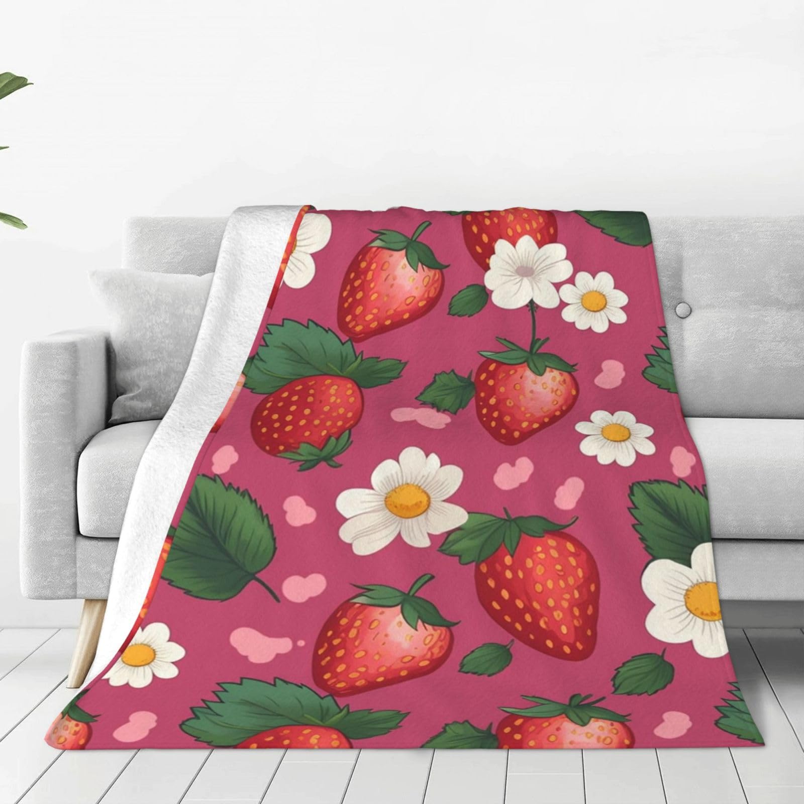 Strawberry Throw Blanket for Couch, Plush Fuzzy Soft Flannel Blankets and Throws for Sofa, 60"x50" Bed Blankets for Travel Camping Chair, All Season Warm Fleece Blanket
