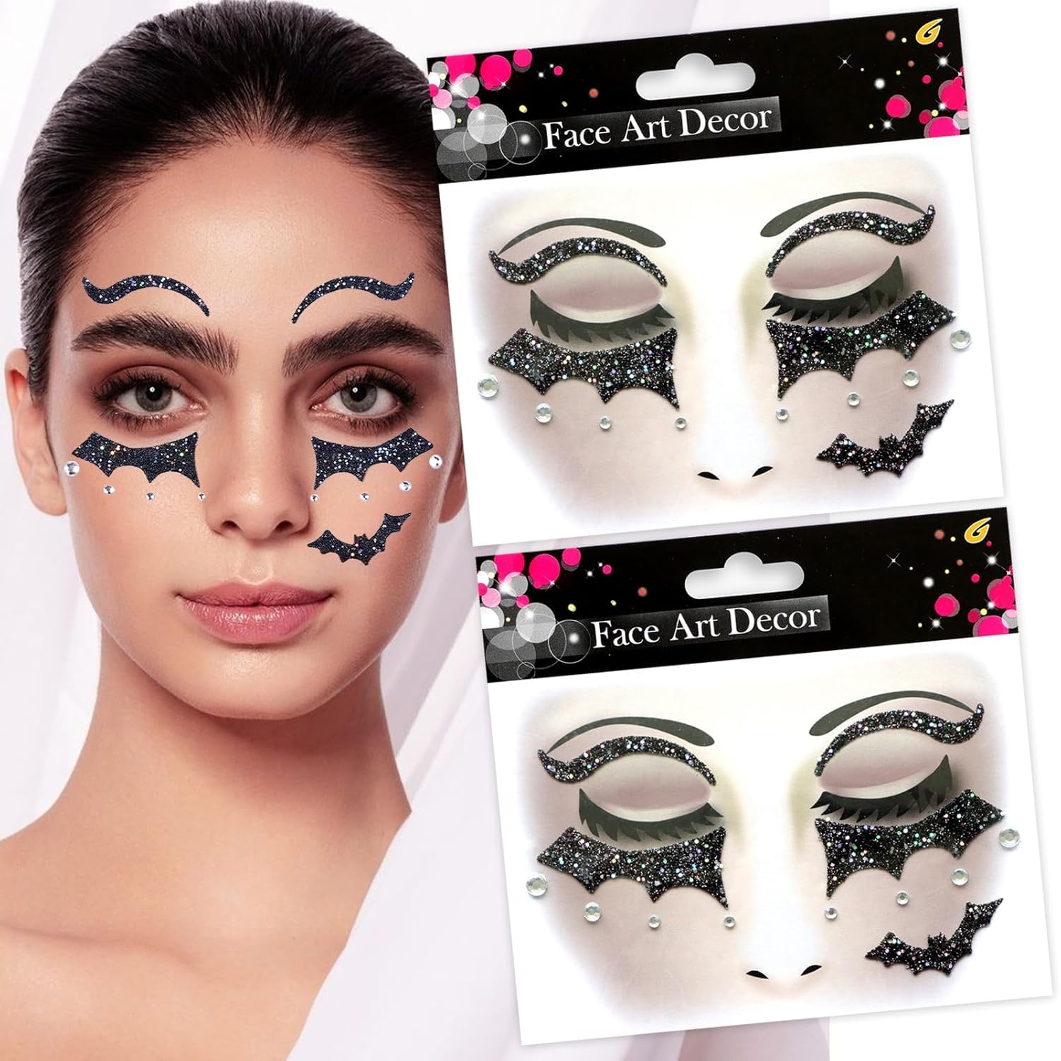 2 Stück Face Art Aticker, Halloween Tattoo Gesicht Karneval, Temporäre Gesichtstattoo, Glitzer Gesicht Aufkleber, Temporäres Tattoo für Halloween, Karneval, Fasching, Maskerade, Motto Partys (K)