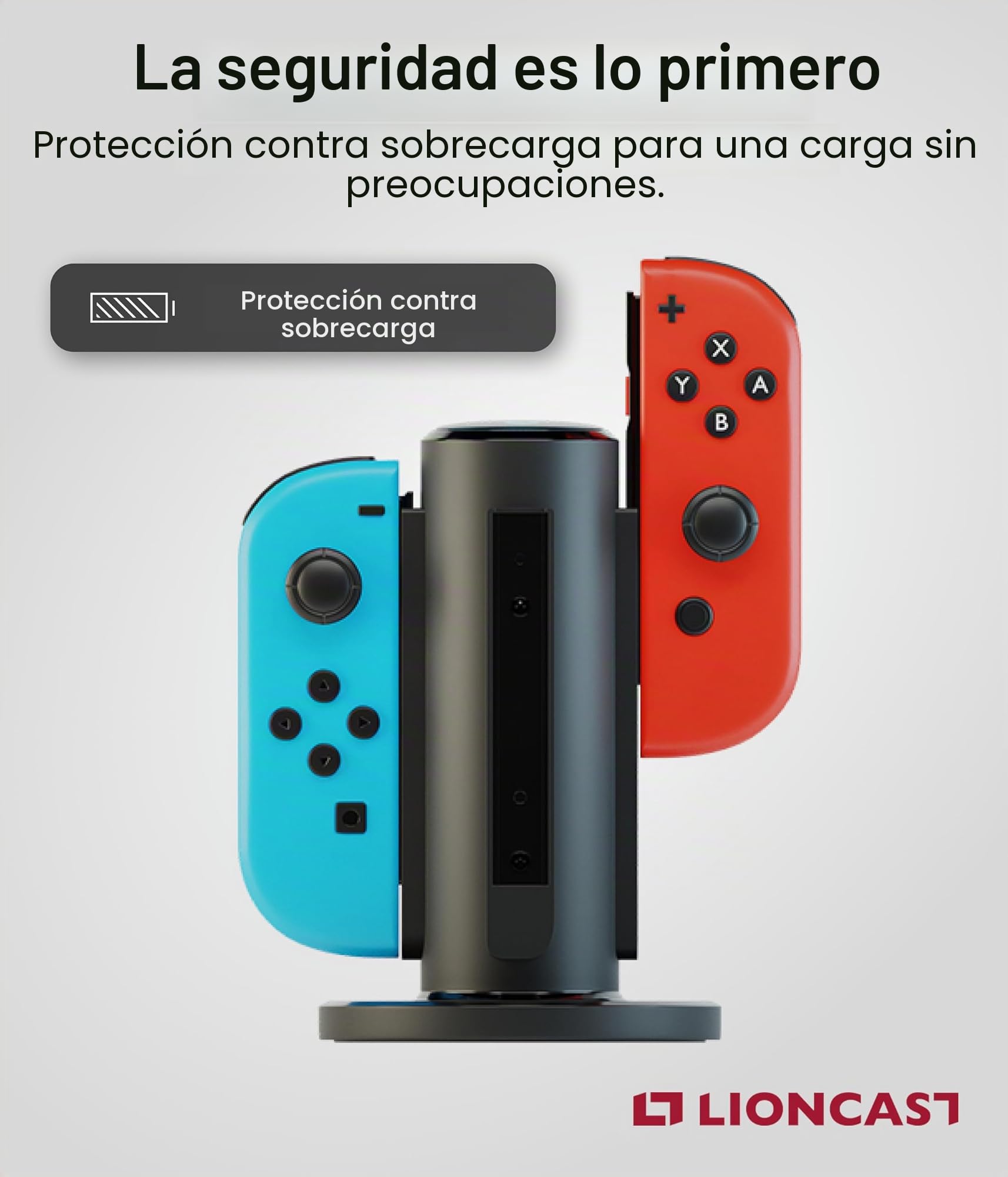 Lioncast Base de Carga para Joy-con - Dock de Carga para 4 Mandos - Compatible con los Controles de Nintendo Switch - Luces Indicadoras de Estado de Carga, Fondo Fuerte - Accesorios de Juego