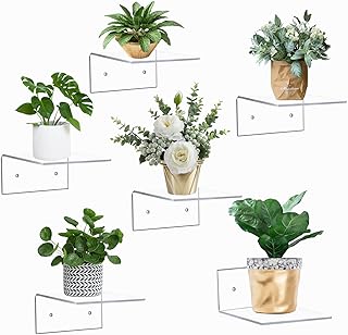 6 Pack Small Acrylic Floating Shelves for Wall, Wall Mounted Hanging Display Shelves for Plants, Funko Pop Figures, Adhesive Shelf for Bedroom, Picture Toy Clear Display Shelf