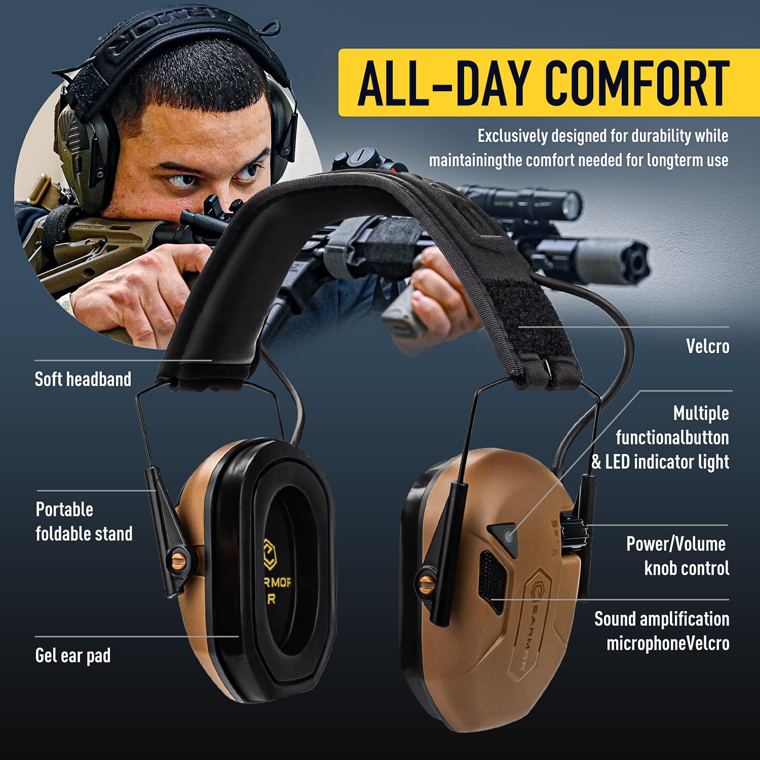 EARMOR Orejeras de protección auditiva M300T para disparos electrónicos para rango de pistola, protección auditiva M300L para tiradores, caza