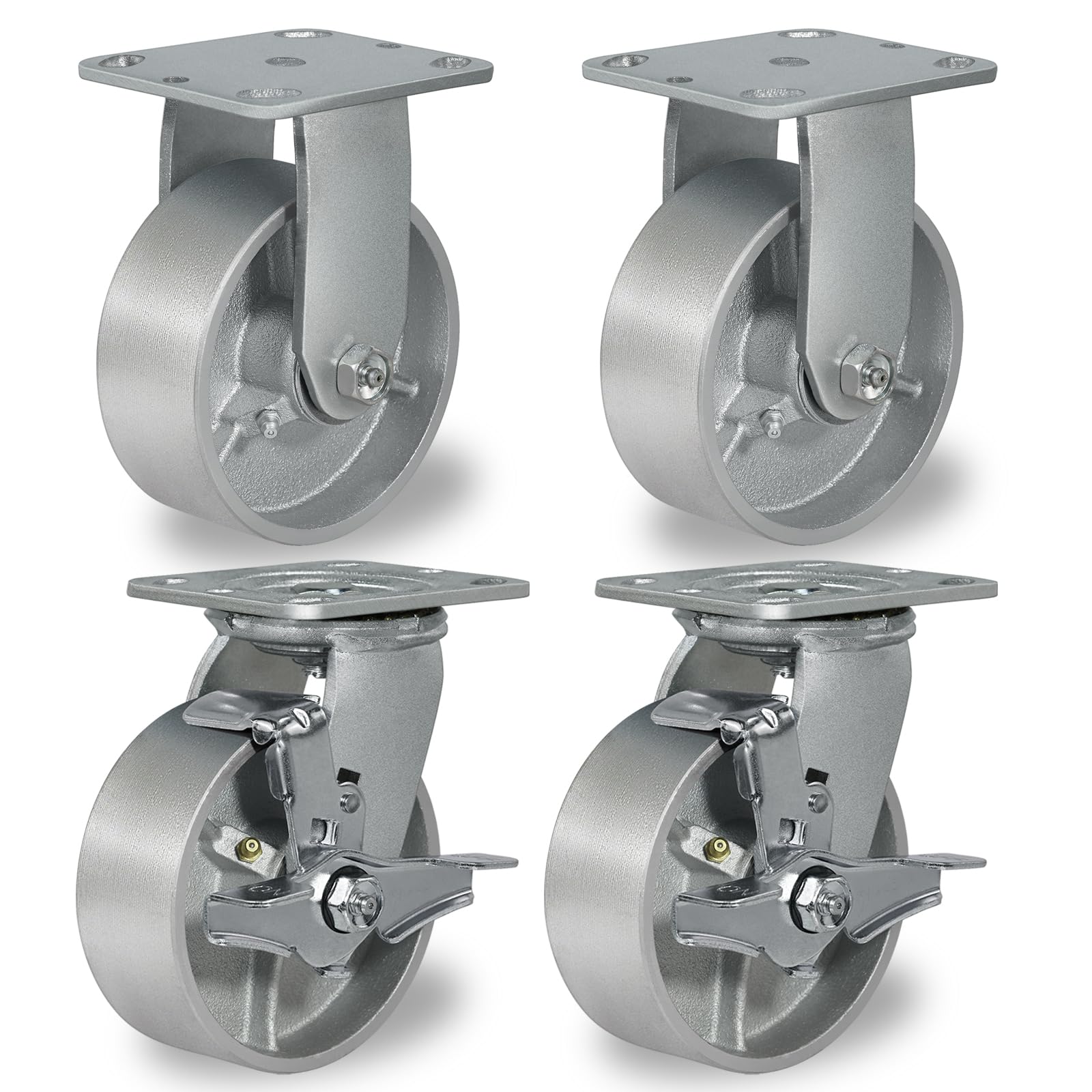 CWfutureparts 5" x 2" Caster Wheels, Heavy Duty Industrial Casters, Rigid & Brake Caster Wheels with Roller Bearing - Semi Steel Cast Iron Wheels - 4000 Lbs Capacity Per Set of 4