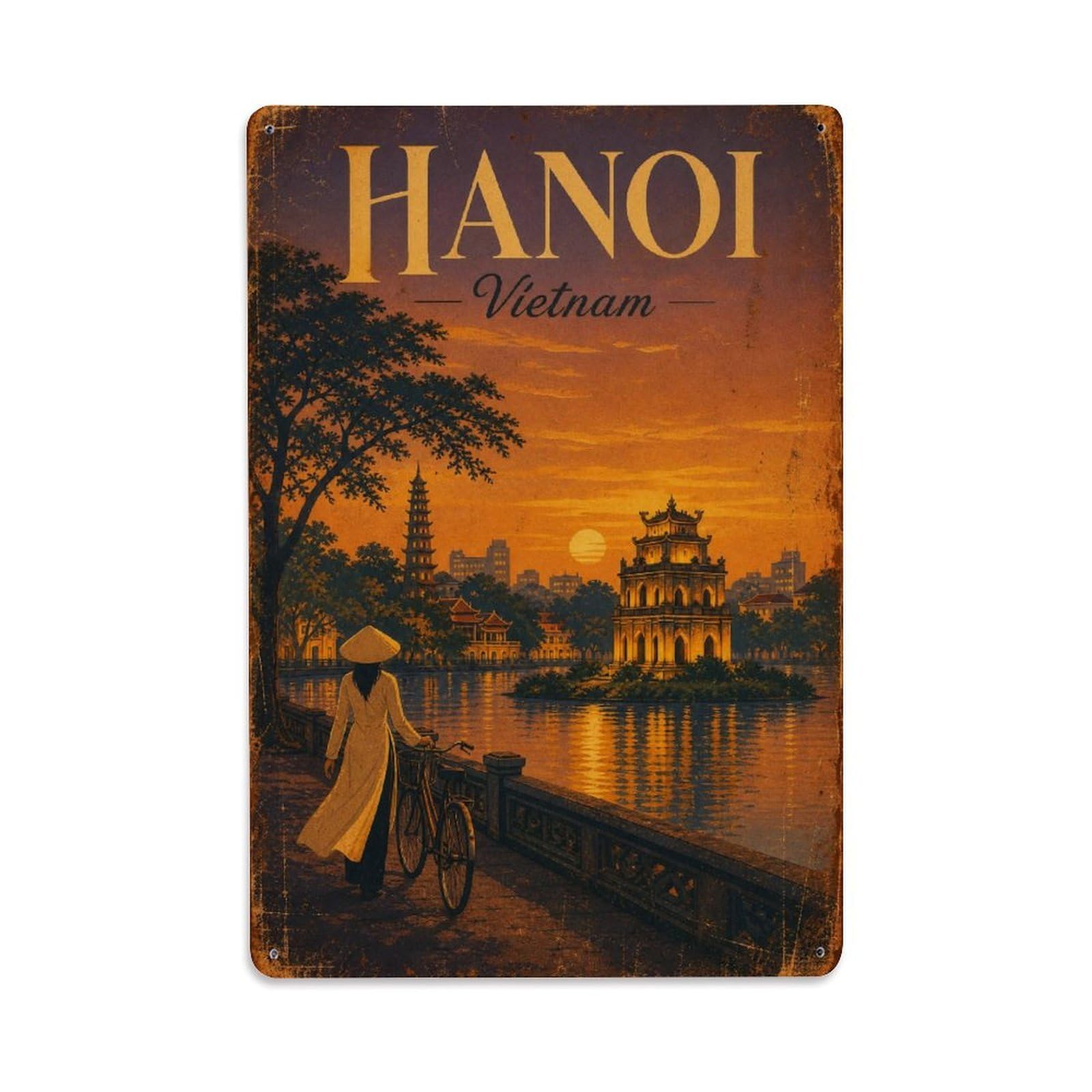 Hanoi Vietnam Historic Dusk Lake Cityscape Travel Metal Tin Sign