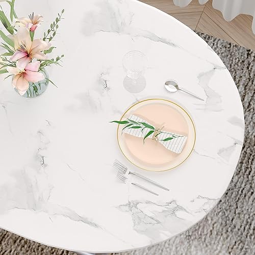 Miniatura 8 de VECELO Juego de mesa de comedor de 3 piezas para rincón de desayuno, mesa ovalada de mármol sintético y marco de metal con estante de vino