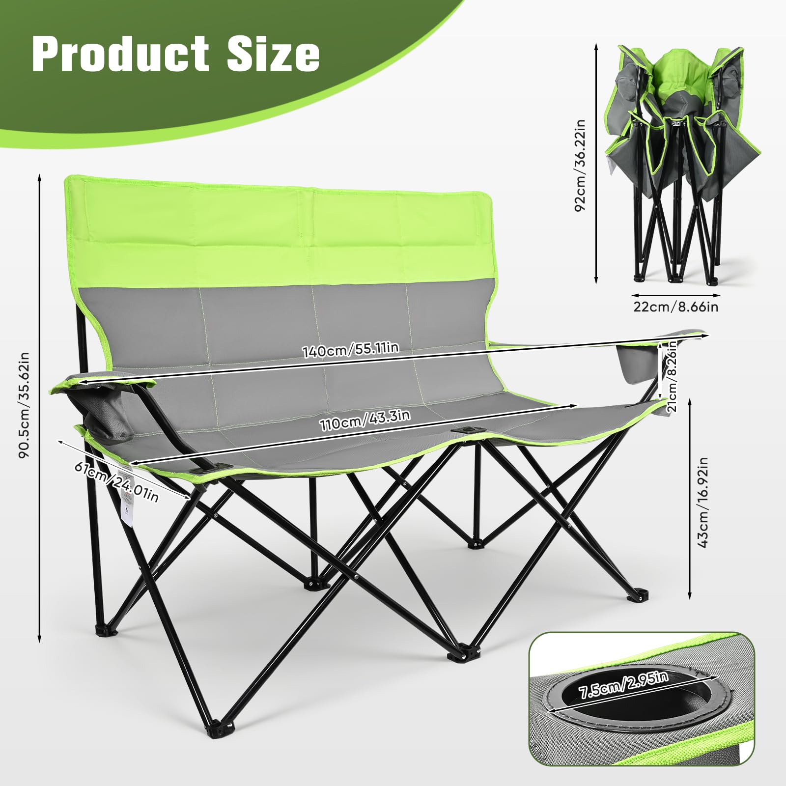 Klappbarer Strandstuhl für 2 Personen, 200 kg Tragkraft, 600D Oxford Campingstuhl mit Tragetasche für Strand Garten Outdoor Green