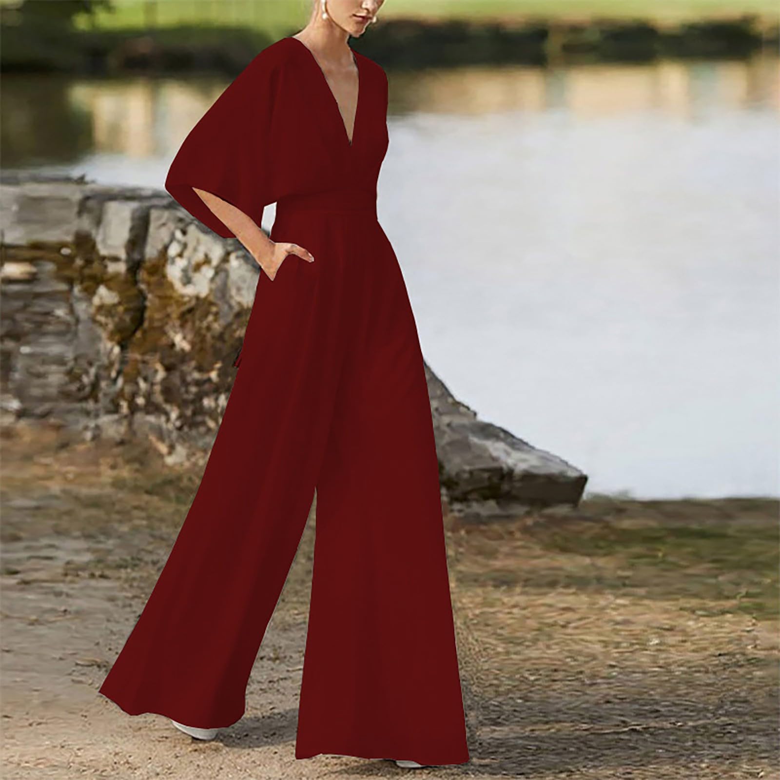 Combishort, Combinaison Femme Pantalon manches longues en V profond décontracté mo taille haute jambes larges