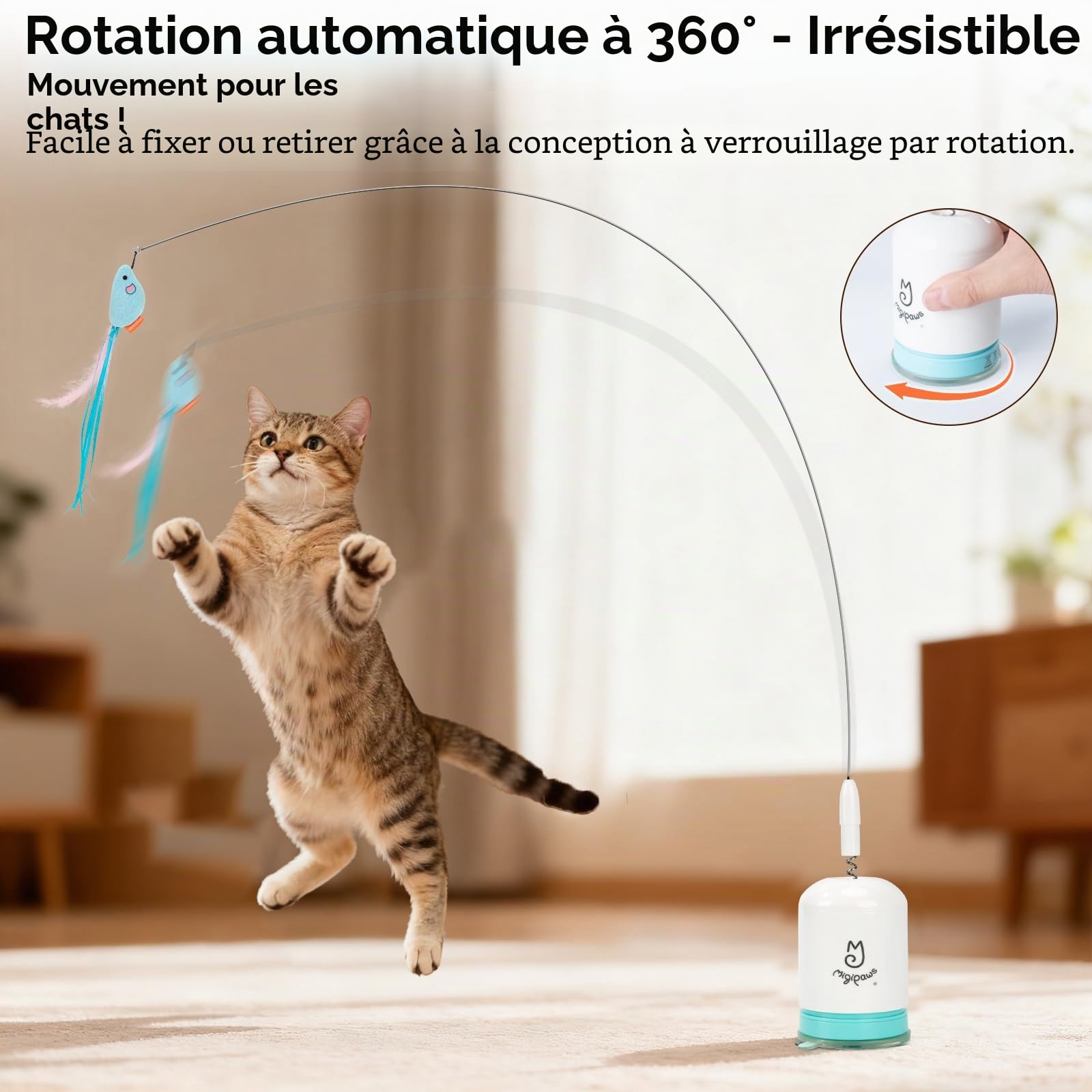 Jouet interactif automatique Migipaws pour chat avec ventouse puissante, fil flexible de 70 cm et conception pliable DIY, jouet rechargeable pour chat avec minuterie automatique pour chats d'intérieur