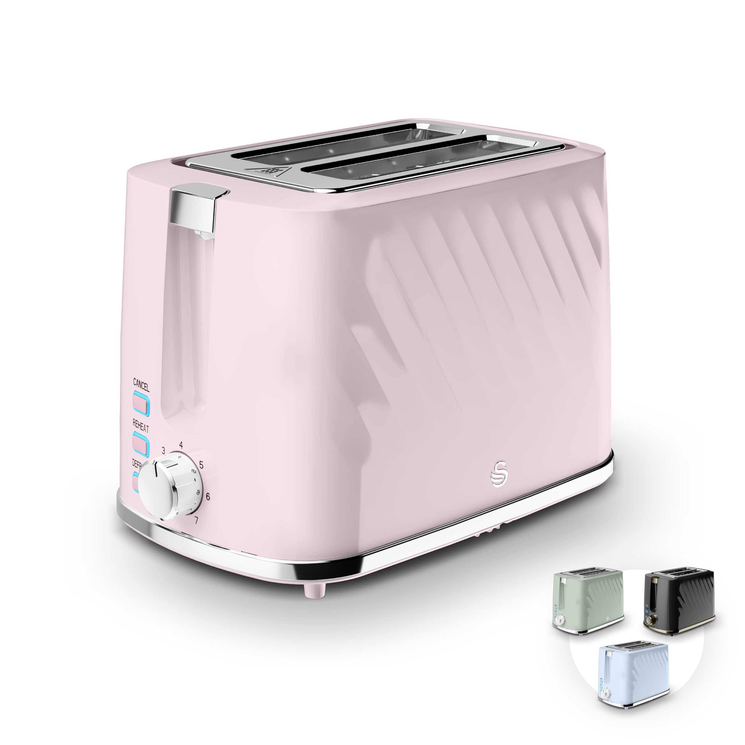 Swan Windsor 2 Slice Toaster with 7 Browning Levels for Toast, Breakfast Muffins and Bagels, Removable Crumb Tray, Defrost/Reheat/Cancel, Cord Storage, Non-Slip Feet, 900W, Pink, ST14071PNK