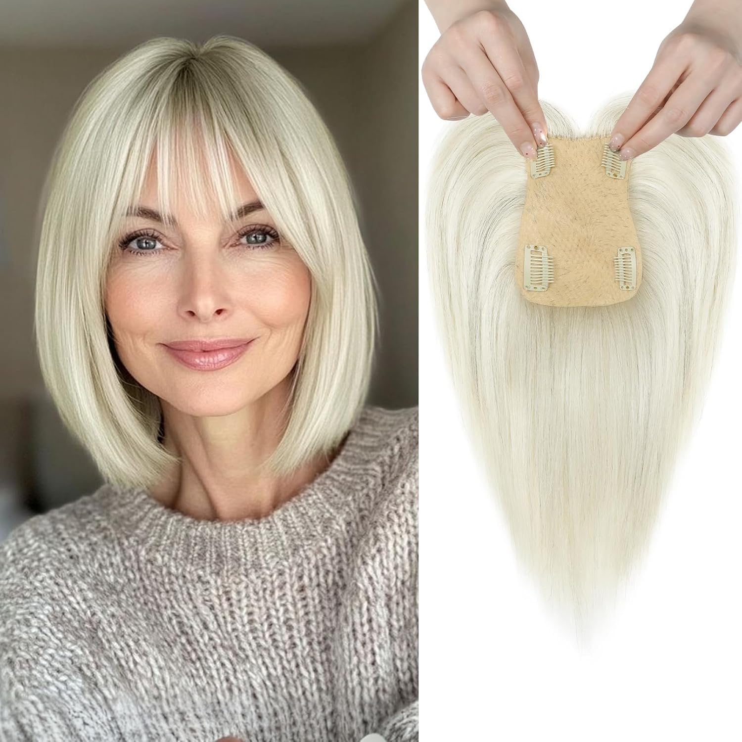 REECHO Human Hair Toppers with Bangs, Thick Hair Volume Topper Hairpiece for Women Real Human Hair Extensions for Daily Wear, Yellow White REECHO Human Hair Toppers with Bangs, Thick Hair Volume Topper Hairpiece for Women Real Human Hair Extensions for Daily Wear, Yellow White