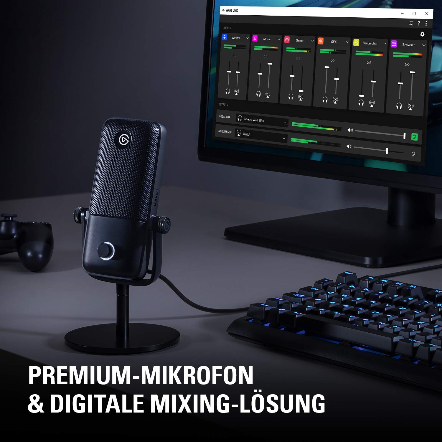 Elgato Wave:1 - Professionelles USB-Kondensatormikrofon für Streaming, Gaming, Homeoffice, gratis Mixing-Software, Soundeffekt-Plugins, Anti-Verzerrung, Plug & Play, Mac/PC, kompatibel mit Stream Deck