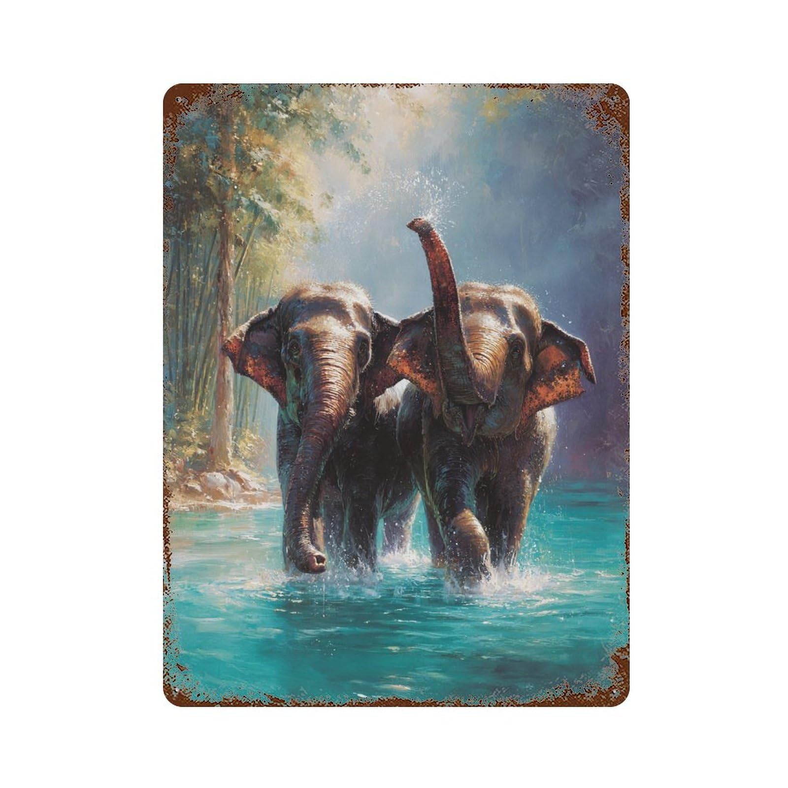 Rust Effect Elephant Family in River Distressed Metal Wall Sign 15.7"x11.8", Decorative Metal Wall Art for Living Room, Hallway And Home Decor