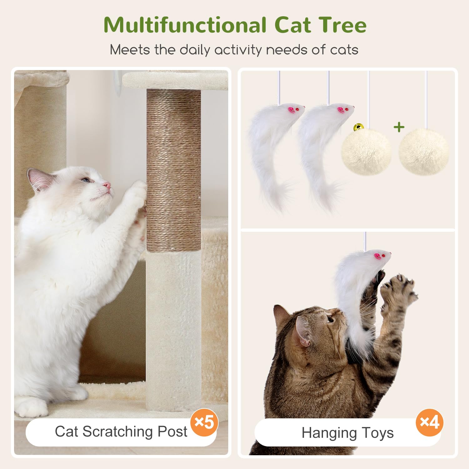 Globlazer Arbre à Chat Beige XXL Hauteur 204 cm avec 3 Niches, 2 Grande Plateforme, 3 Doux Paniers, Arbre a Chat Stable pour Gros Chats Adulte Grimpent Reposent Jeu Escalade Intérieur (F80F, Beige)