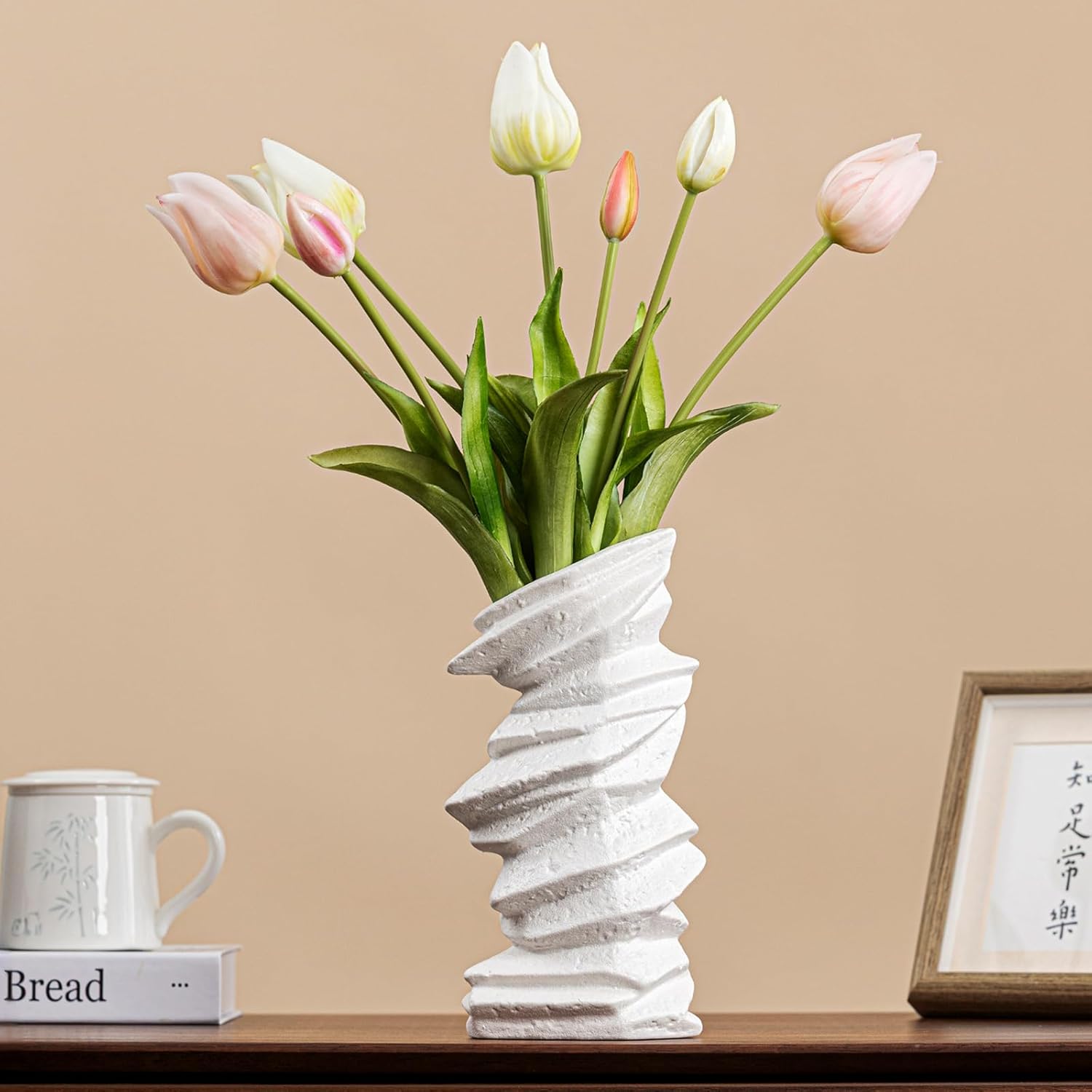 Stone-Stack White Ceramic Vase - 10" Unique Flower Vase for Pampas Grass, Farmhouse Decorative Vase for Living Room/Office, Boho Vase Ideal for Home Gifts & Centerpieces