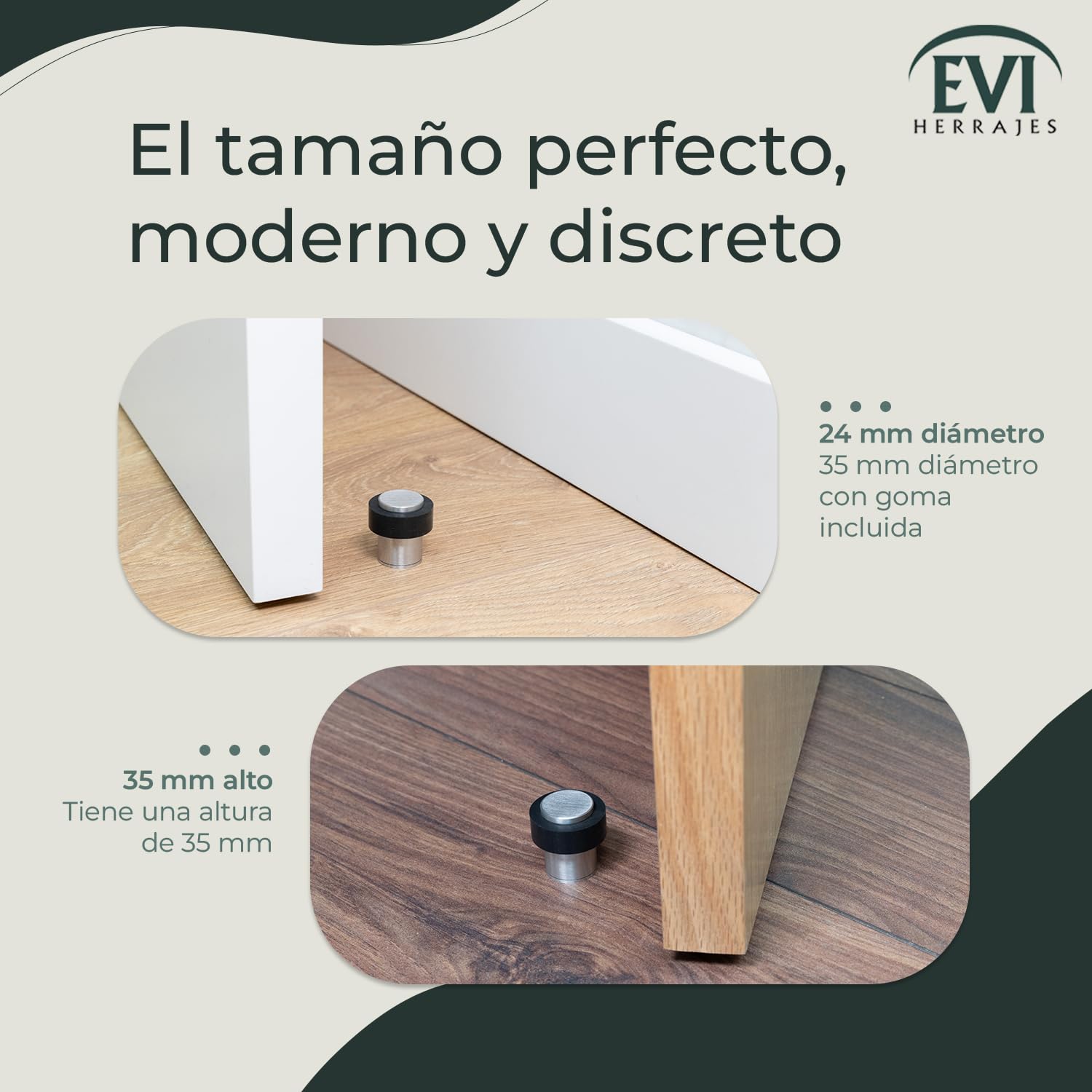 EVI Herrajes | Pack 2 Topes de Puerta | Ø24x35mm | Acero Inoxidable | Goma Negra | Incluye Tornillo + Taco de Sujeción | Mod. I-18124X35-CB