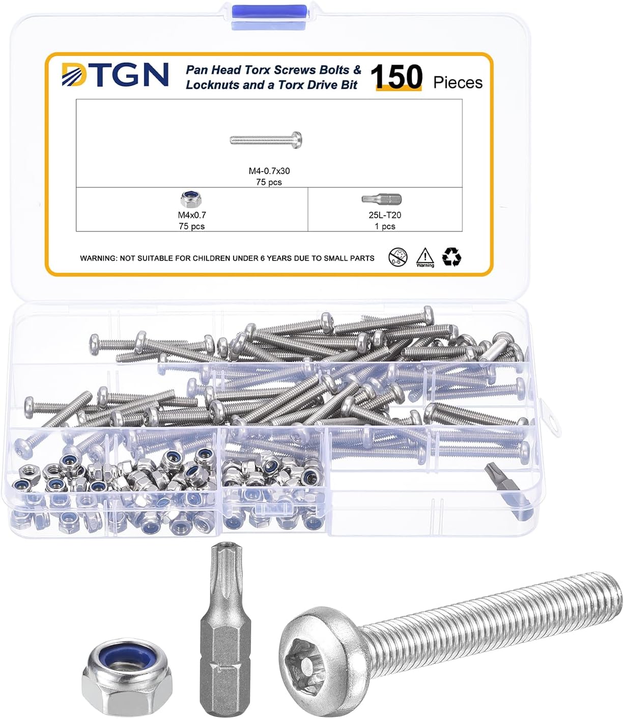 M4x30mm Pan Head Torx Security Screws - 150Pack - Good for Machinery - 304 Stainless Steel Tamper Proof Security Fasteners & Locknuts and a Torx Drive Bit - Silver Tone