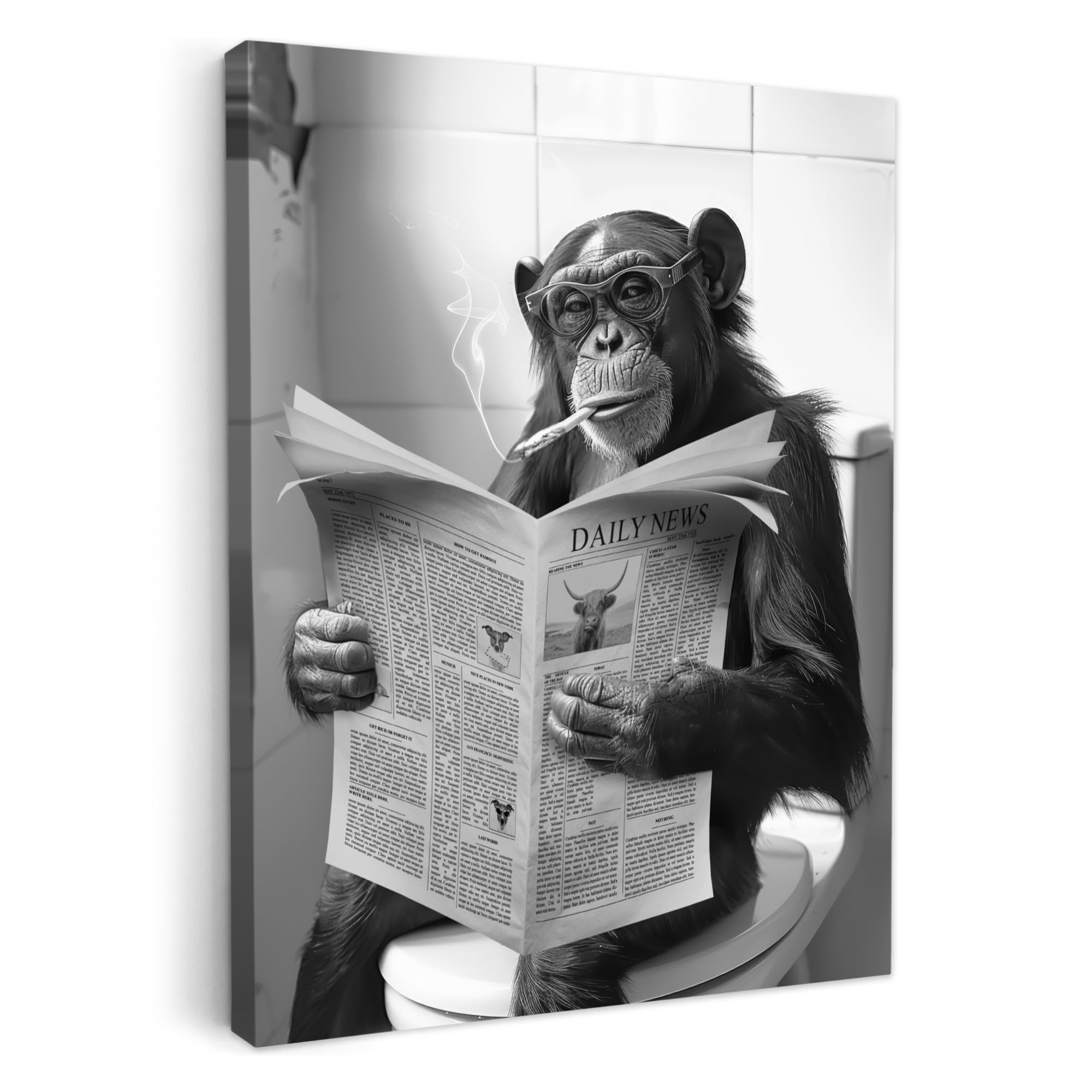 MuchoWow© Canvas Wall Art Work 60x80 cm Room Decor Painting Wallfillers Picture Decoration Prints Monkey - WC - Newspaper - Black and white - Humour