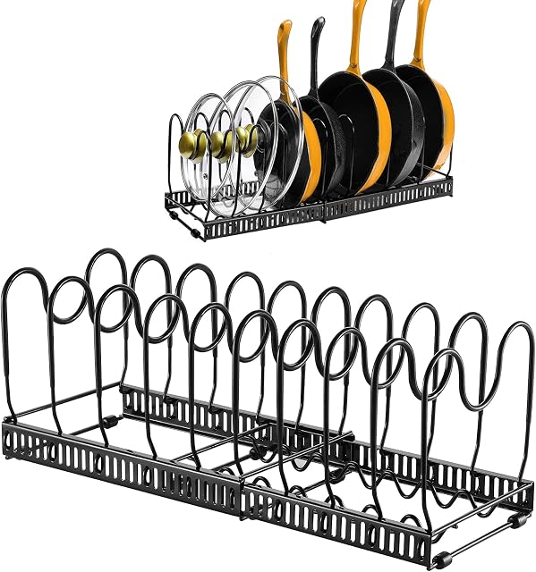 TsunNee Expandable Pans Organiser Rack, Pans and Lids Organizer with 10 Dividers, Pantry Cabinet Bakeware Lid Plate Holder, Black