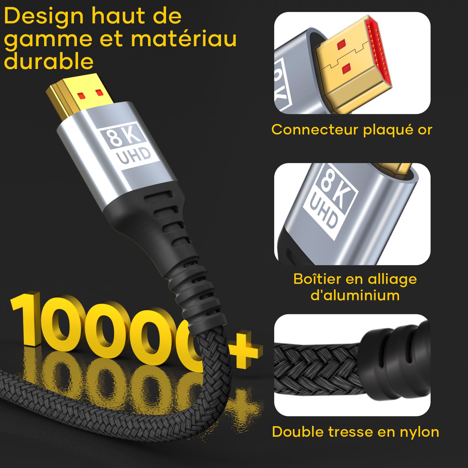 Câble HDMI 3M 2.1 10K 8K,câble HDMI ultra haute vitesse 48Gbit/s 10K 8K@60Hz 4K@120Hz 7680P,HDMI 2.1 prend en charge HDR10 eARC 3D HDCP 2.2et2.3,compatible avec PS5/4 X-Box HDTV lecteur/moniteur/PC