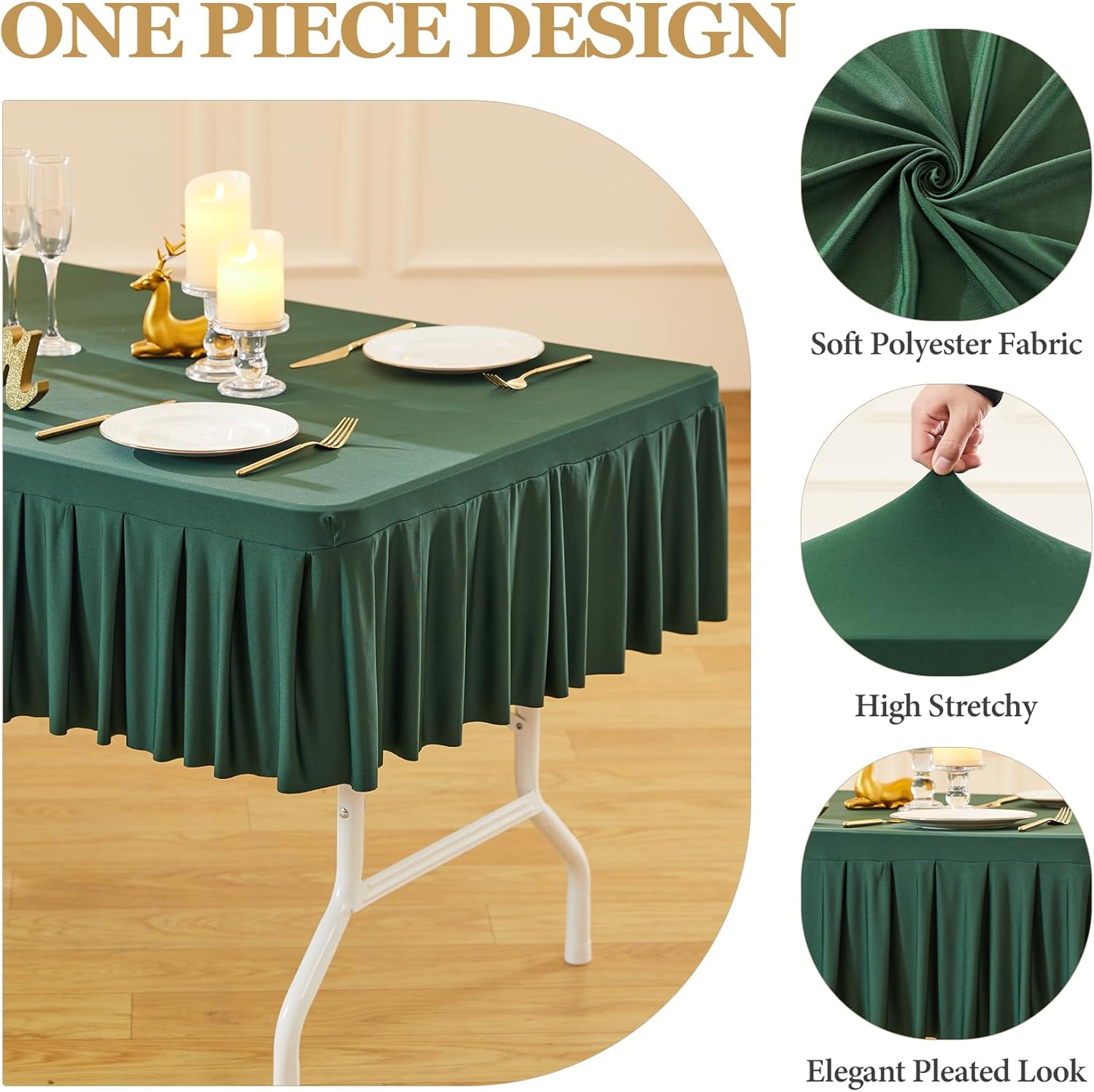 Wish Care 2 Pack Hunter Green Spandex Table Clothes for 6FT Rectangle Tables Wrinkle Free Stretch Fitted Tablecloths Ruffle Elastic Table Cover Skirt for Dining Outdoor Home Banquet Party Tablecloth