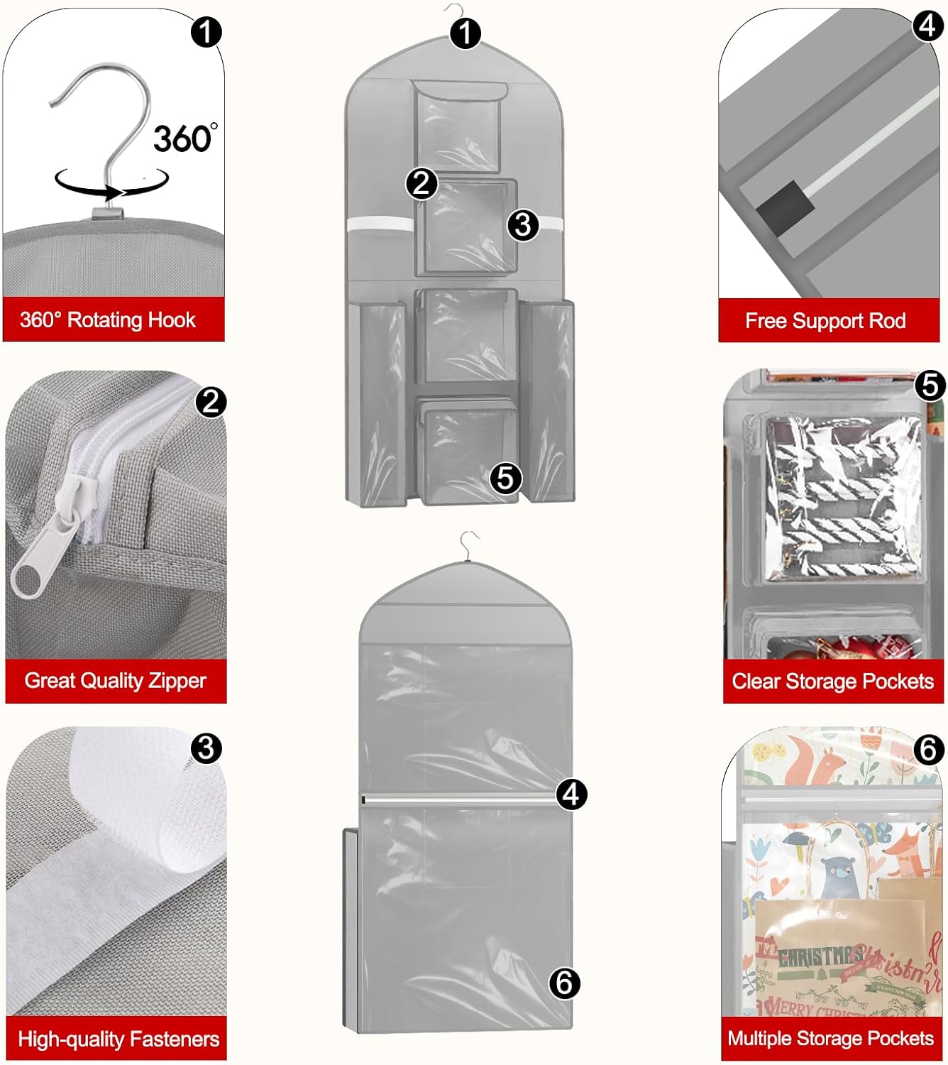 Woodoulogy Hanging Gift Wrapping Paper Storage, 48x24 (Extra Large) Grey Double-Sided Christmas Wrapper Bag Container, Oxford Long Craft Roll Organizer, Present Wrap Holder for Closet, Door