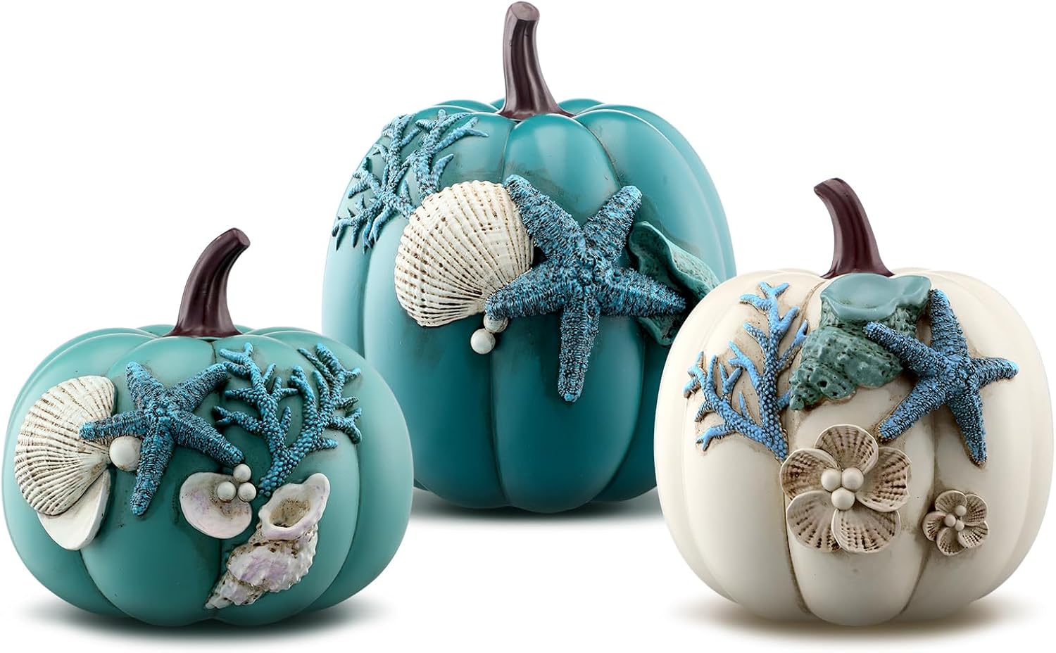 Wesiti 3 Pcs Coastal Pumpkin Decor 10 Inch Blue Resin Ocean Beach Pumpkin Figurine Large Autumn Coastal Fall Decor Beach Halloween Decoration for Home Table Top Dining