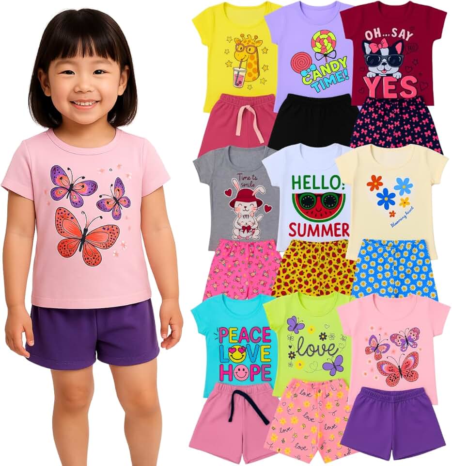 Kit 4 Peças Infantil Menina Verão Conjuntos Blusa e Short em Algodão, Roupas Leves e Confortáveis, Moda Infantil Feminina, Looks Casuais e Coloridos 1 a 8 Anos