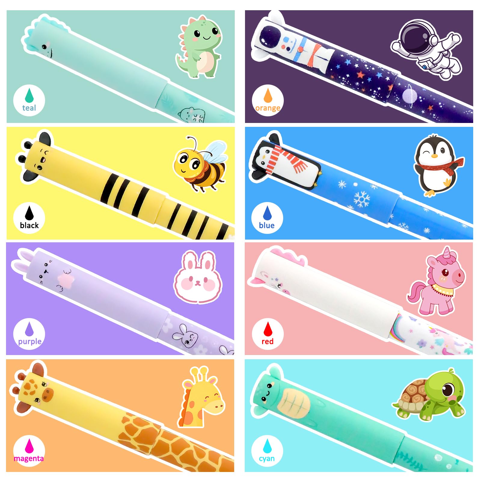 Set di penne gel cancellabili con testa di animale, punta da 0,6 mm, inchiostro sensibile al calore, penne cancellabili come regalo per Natale, compleanno o ufficio
