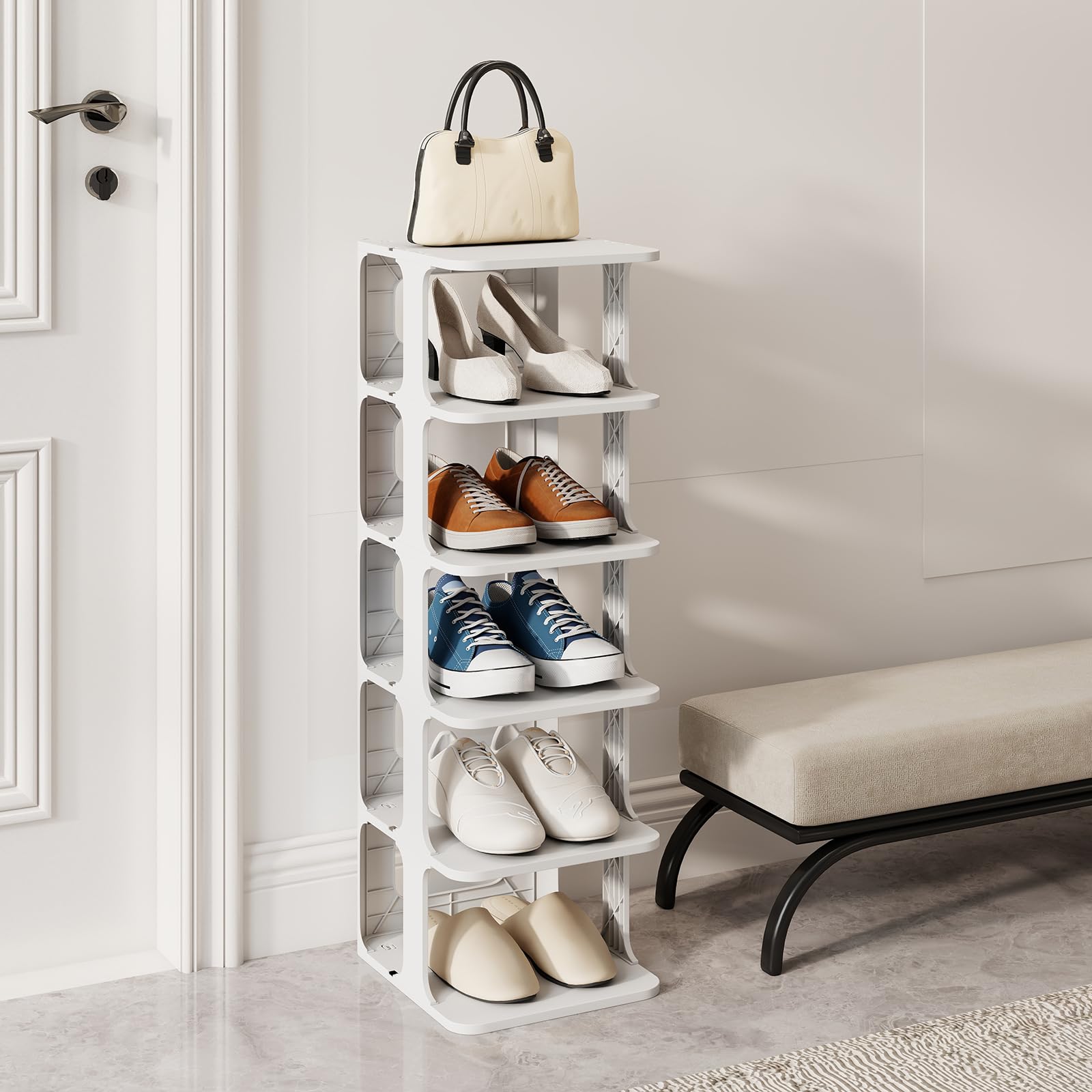 COSTWAY Scarpiera a 6 Ripiani, Scaffale Porta Scarpe Impilabile in Plastica, Organizzatore Verticale Salvaspazio per Ingresso, 27,5x24,5x76,5 cm (Bianco)