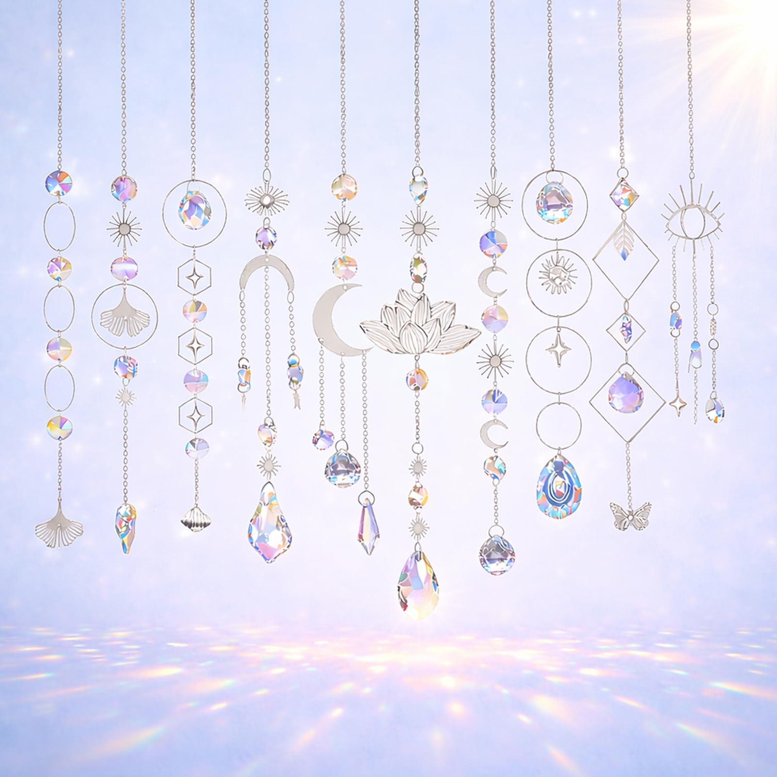 10PCS Crystal Suncatcher Prism Hanging DIY Kit with Chain Rainbow Maker Crystals Balls Window Hanging Pendants Ornaments for Garden Backyard Patio Car Home Decor, Siliver