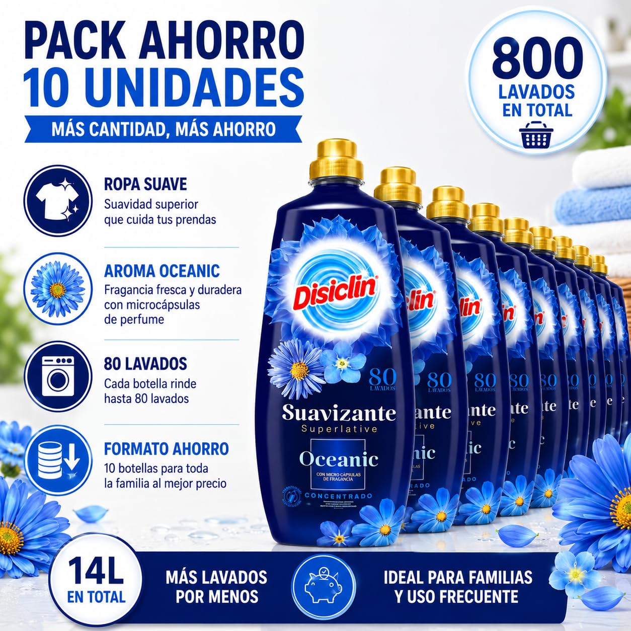 Suavizante Disclin Concentrado Oceanic 1,4L | Pack 10 Unidades | 800 Lavados | Aroma Fresco Duradero | Con Microcápsulas de Fragancia | Formato Ahorro 14L | RASMACOR
