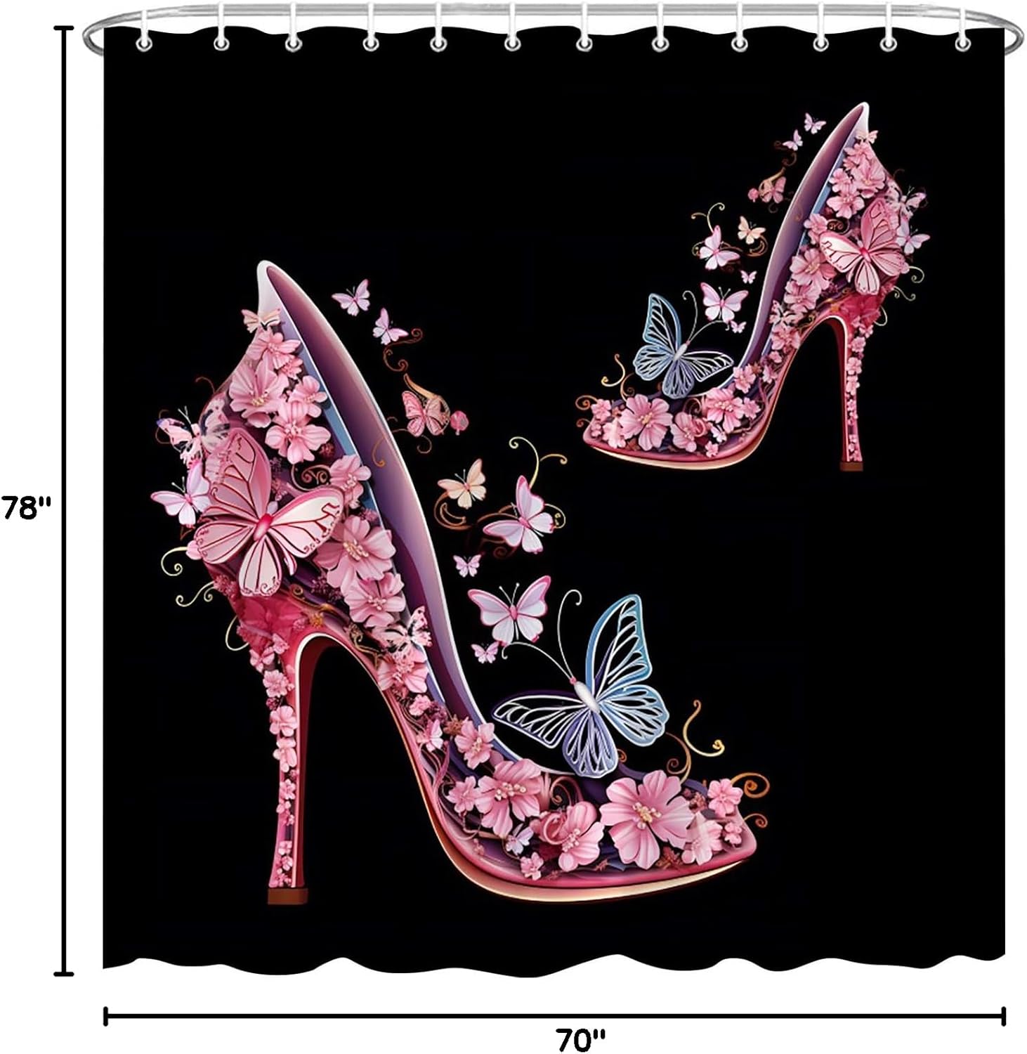 High Heels Shower Curtain Pink and Black Butterfly Flower Fashion Girl Makeup Art Female Shoes Plant Animal Romantic Modern Valentine's Day Polyester Fabric Bathroom Decor 70×78 Inch with Hook