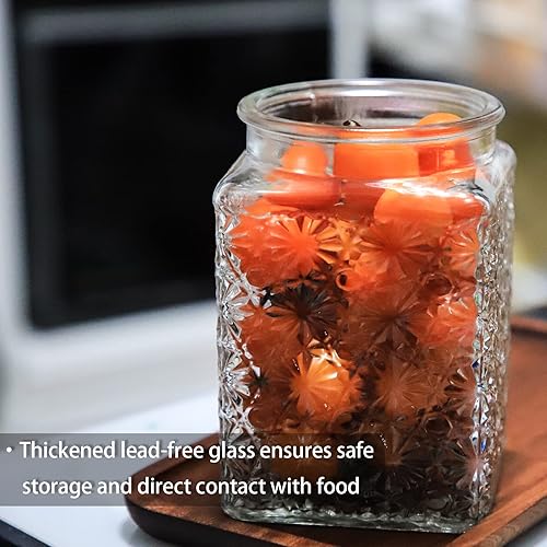 Miniatura 7 de TOSSOW - Tarro de almacenamiento de vidrio vintage, recipientes de alimentos de 24 onzas con tapa de madera, 1 recipiente de estrellas en relieve,