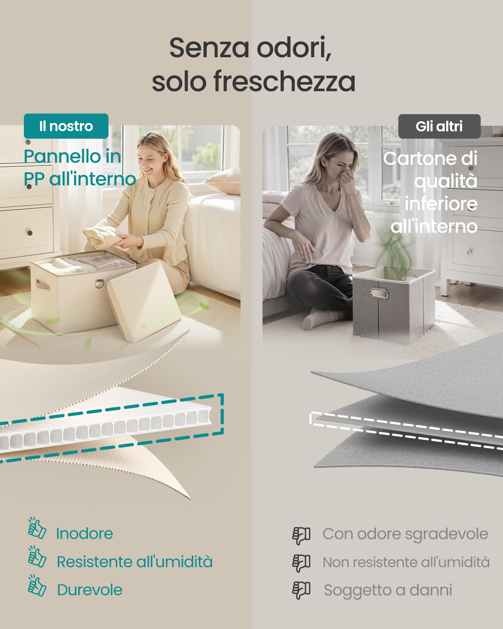 SONGMICS Scatole Portaoggetti con Coperchio, Set di 3 Contenitori in Tessuto, Pannelli Interni in PP Inodori, Pieghevoli e Impilabili, Maniglie, 43 x 30 x 30 cm, Beige Cappuccino RFB545LH01