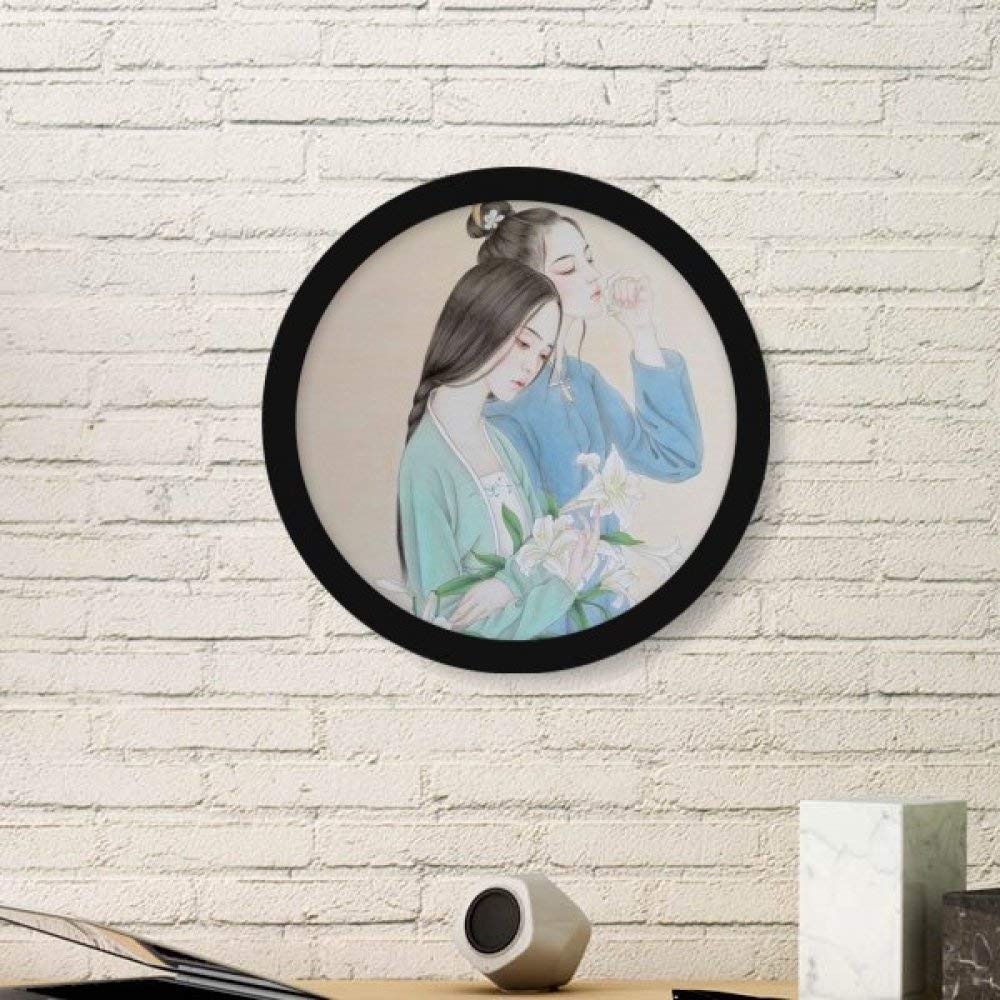 Peinture chinoise lily fleur reproduction d'art ronde de qualité supérieure avec cadre noir