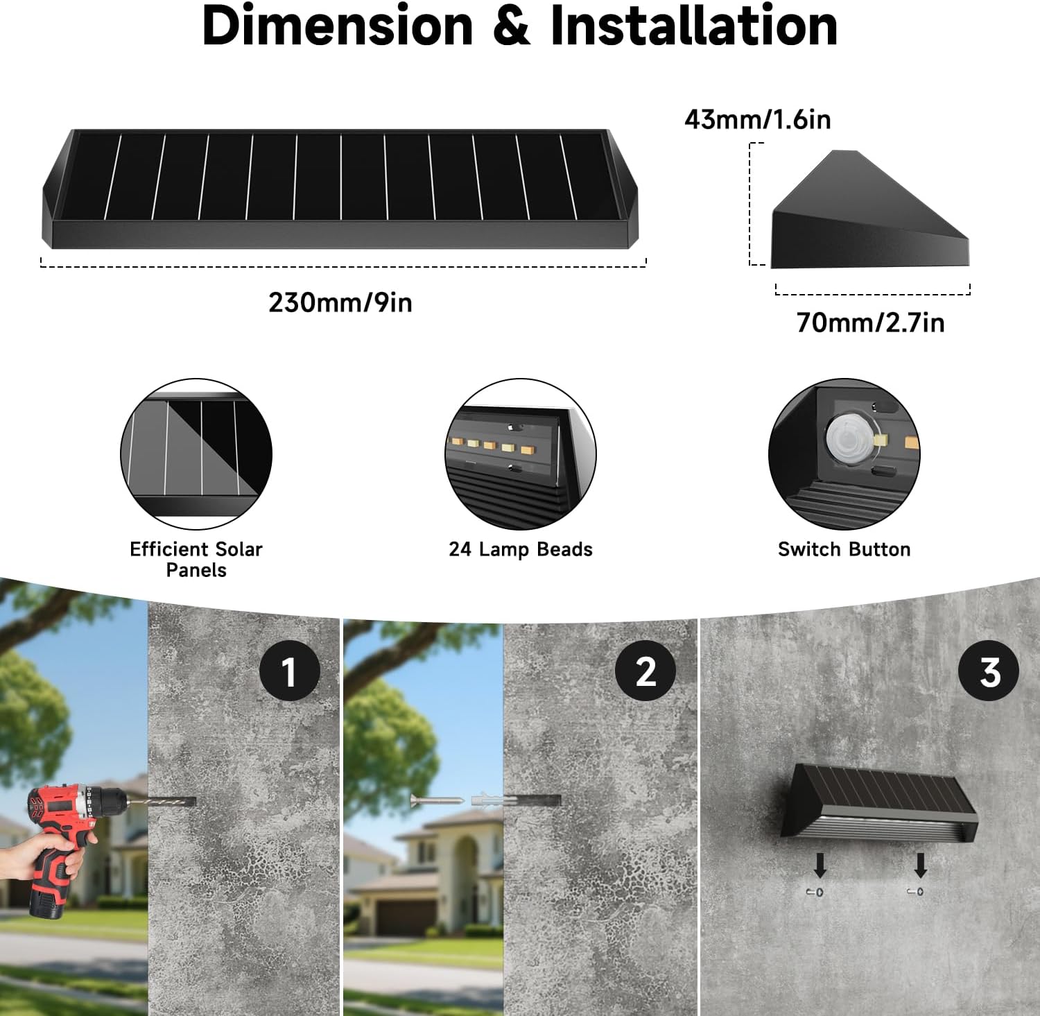 4 Packs Solar Fence Lights Outdoor with 3 Lighting Modes, 100Lumens Waterproof Solar Powered Fence Lights, 1500mAh Battery Fence Solar Light Powered for Patio, Railing, Wall