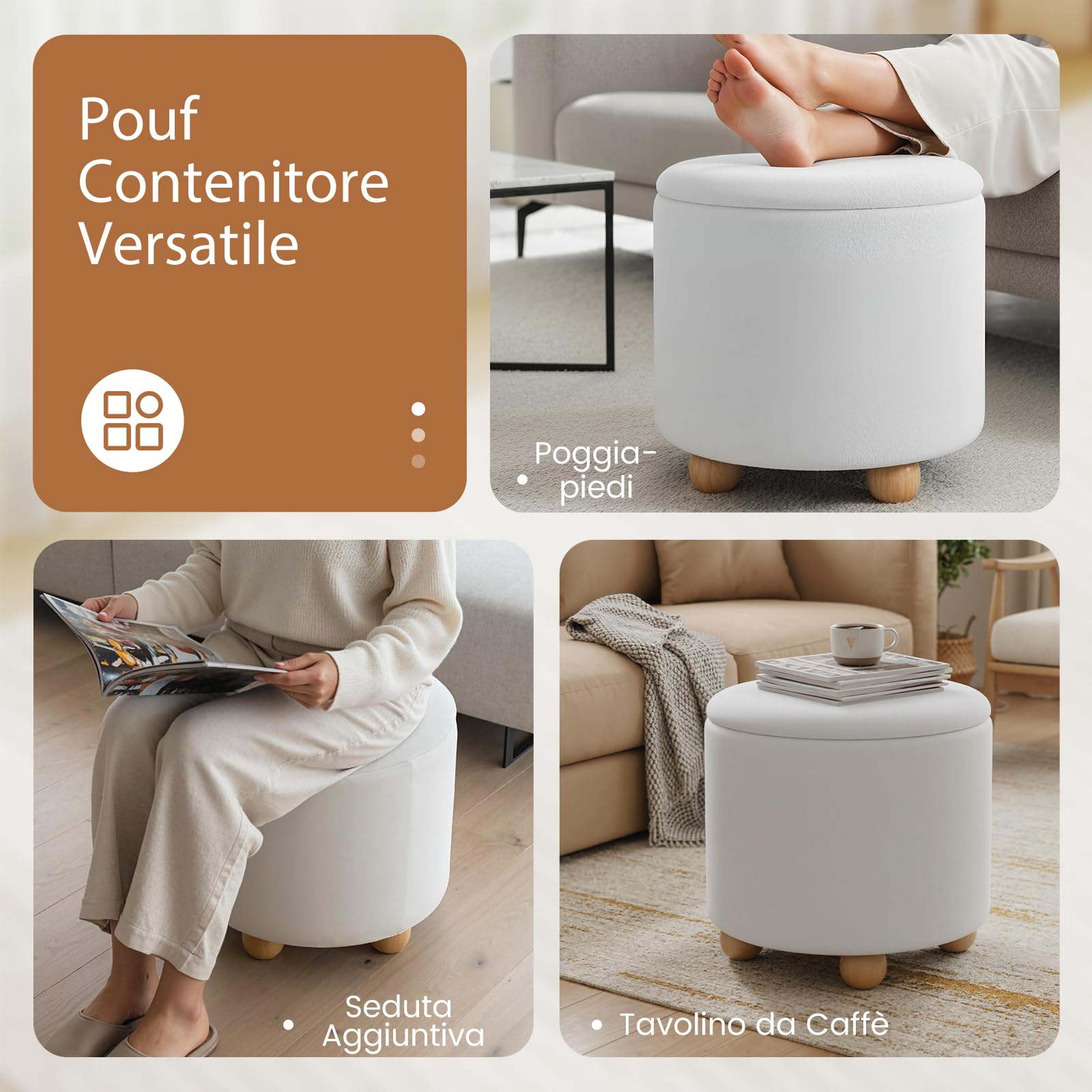 COSTWAY Pouf Contenitore 35 L, Ottomano in Tessuto Ciniglia con Coperchio Rimovibile, Sgabello con Gambe in Legno di Gomma, Portata 150 kg, per Soggiorno e Camera da Letto (Bianco)