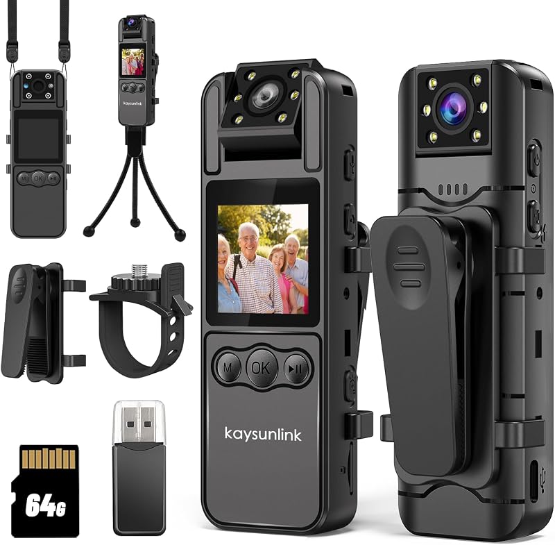 kaysunlink Body Camera with 1.4” Screen Audio and Auto Video Night Vision 1080P FHD Mini Police Wearable Body Worn Cam Portable Small Personal Camcorder Sport Action Outdoor Video Recorder (64GB)